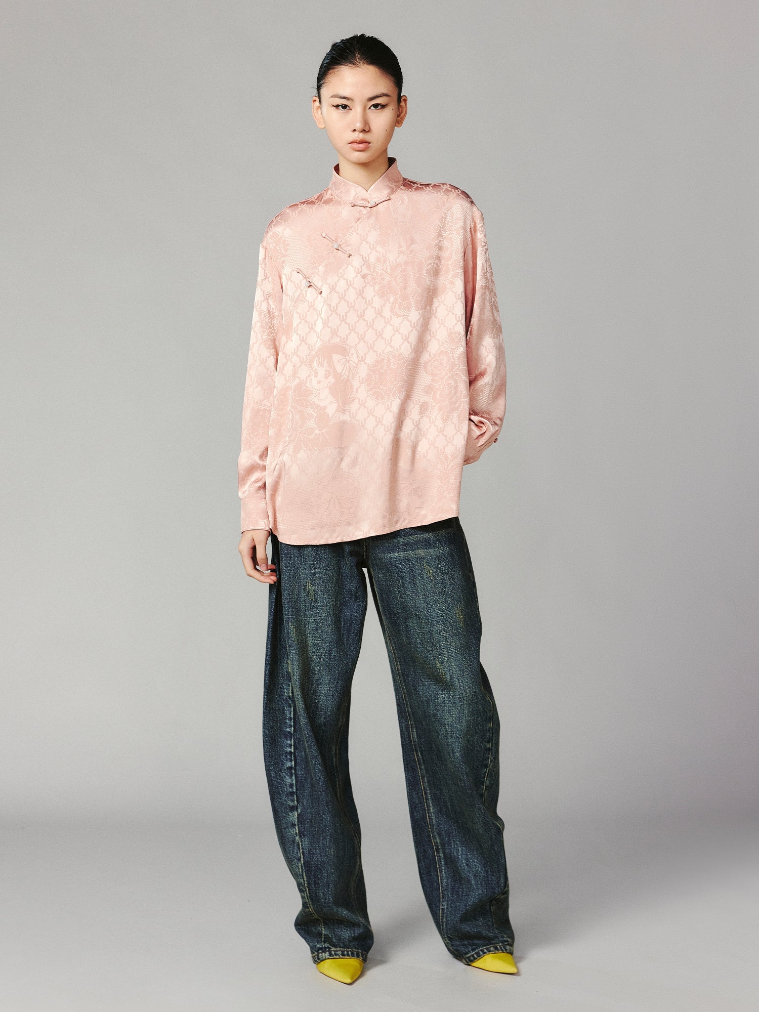 Vintage anime girl satin jacquard asymmetrical placket mandarin collar shirt