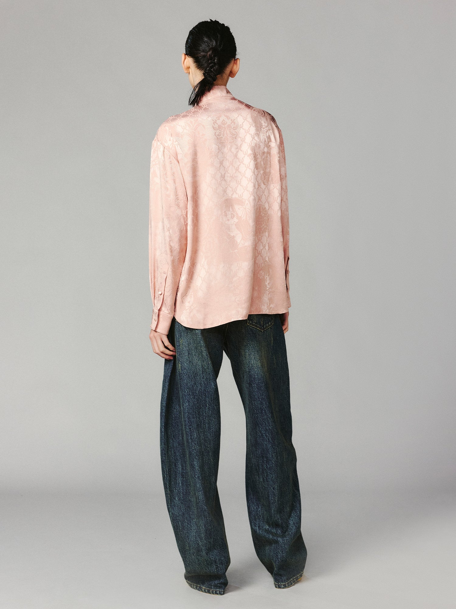 Vintage anime girl satin jacquard asymmetrical placket mandarin collar shirt