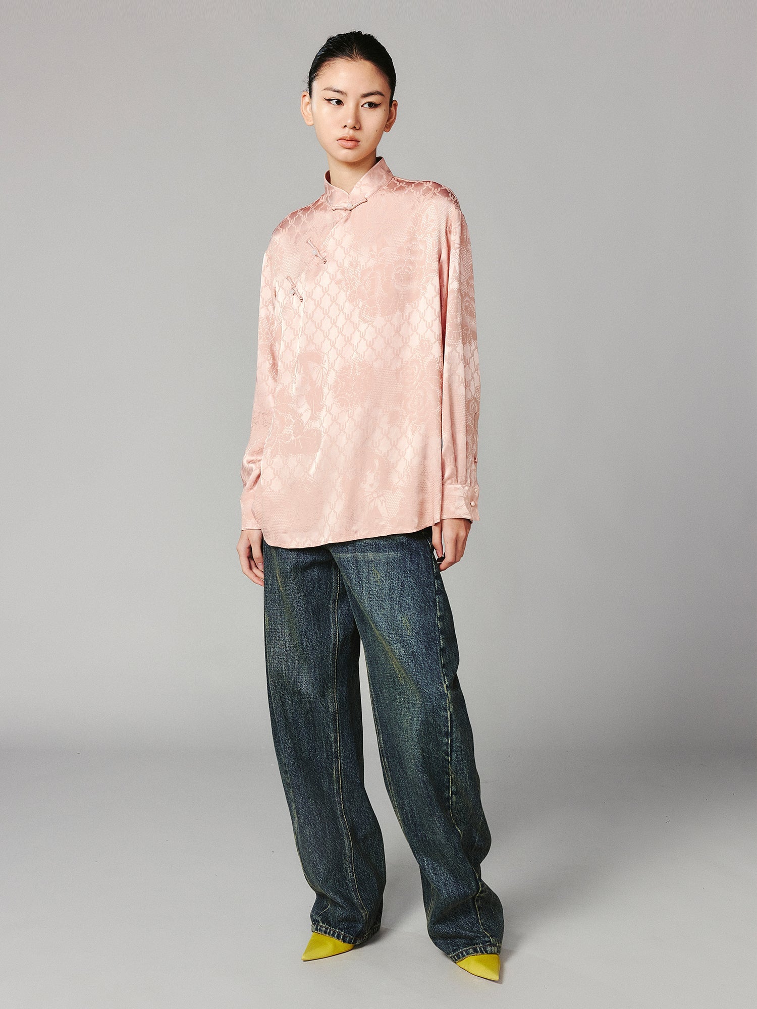 Vintage anime girl satin jacquard asymmetrical placket mandarin collar shirt