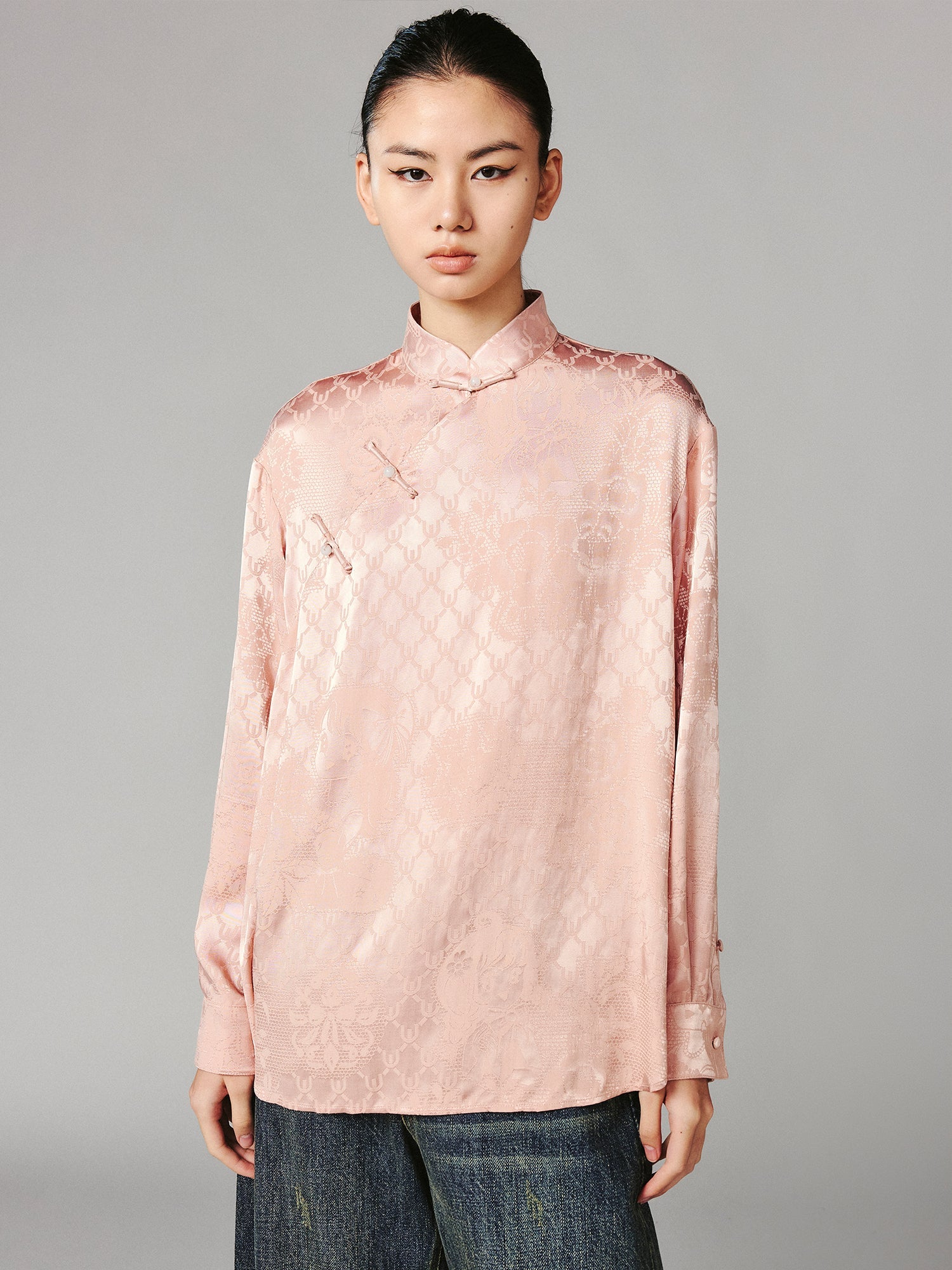 Vintage anime girl satin jacquard asymmetrical placket mandarin collar shirt