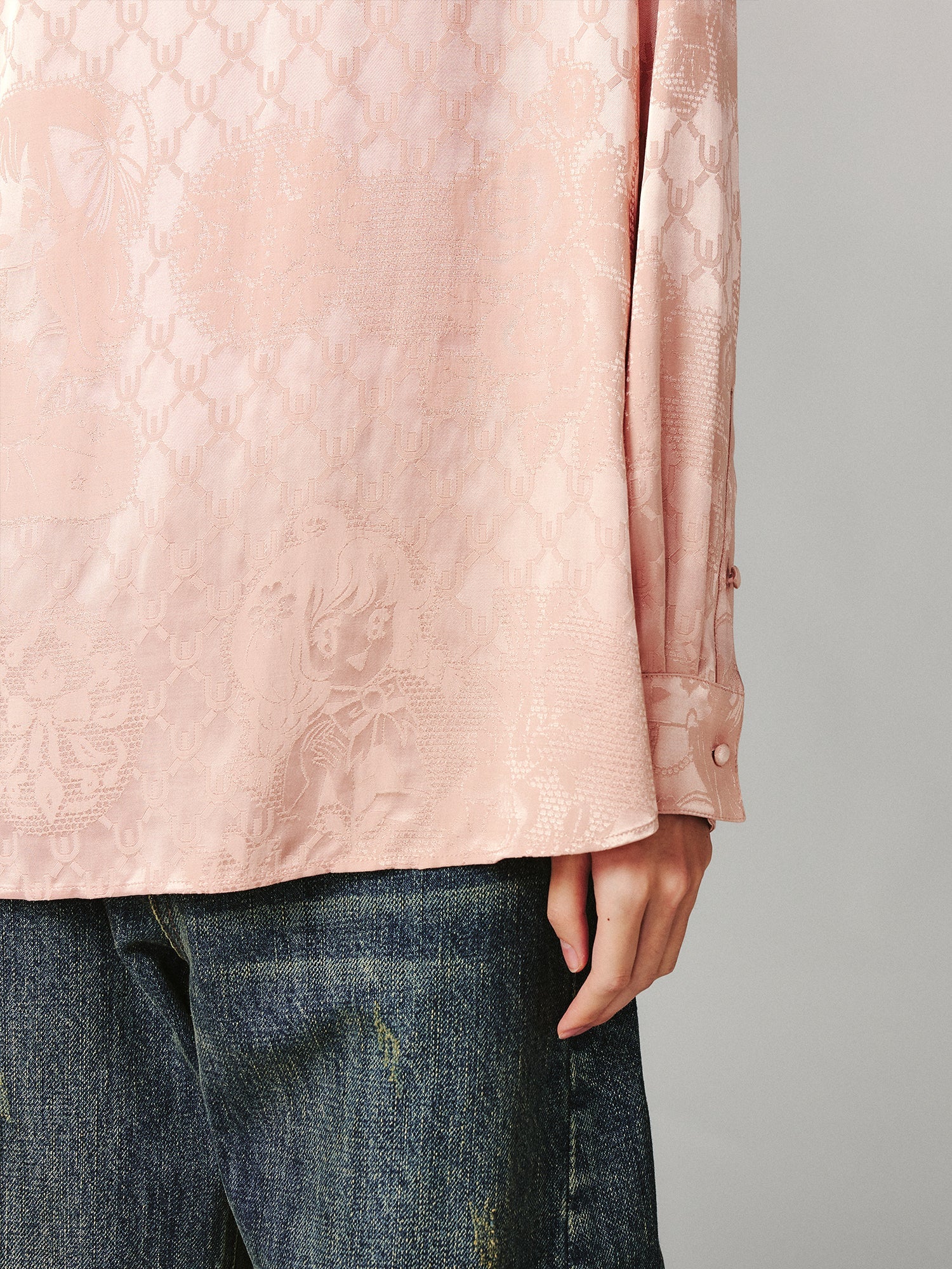 Vintage anime girl satin jacquard asymmetrical placket mandarin collar shirt