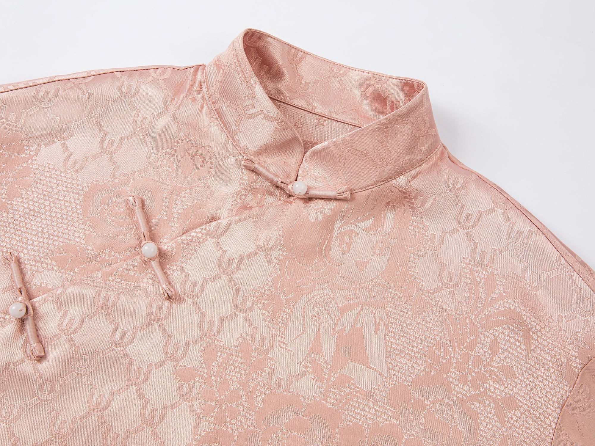 Vintage anime girl satin jacquard asymmetrical placket mandarin collar shirt