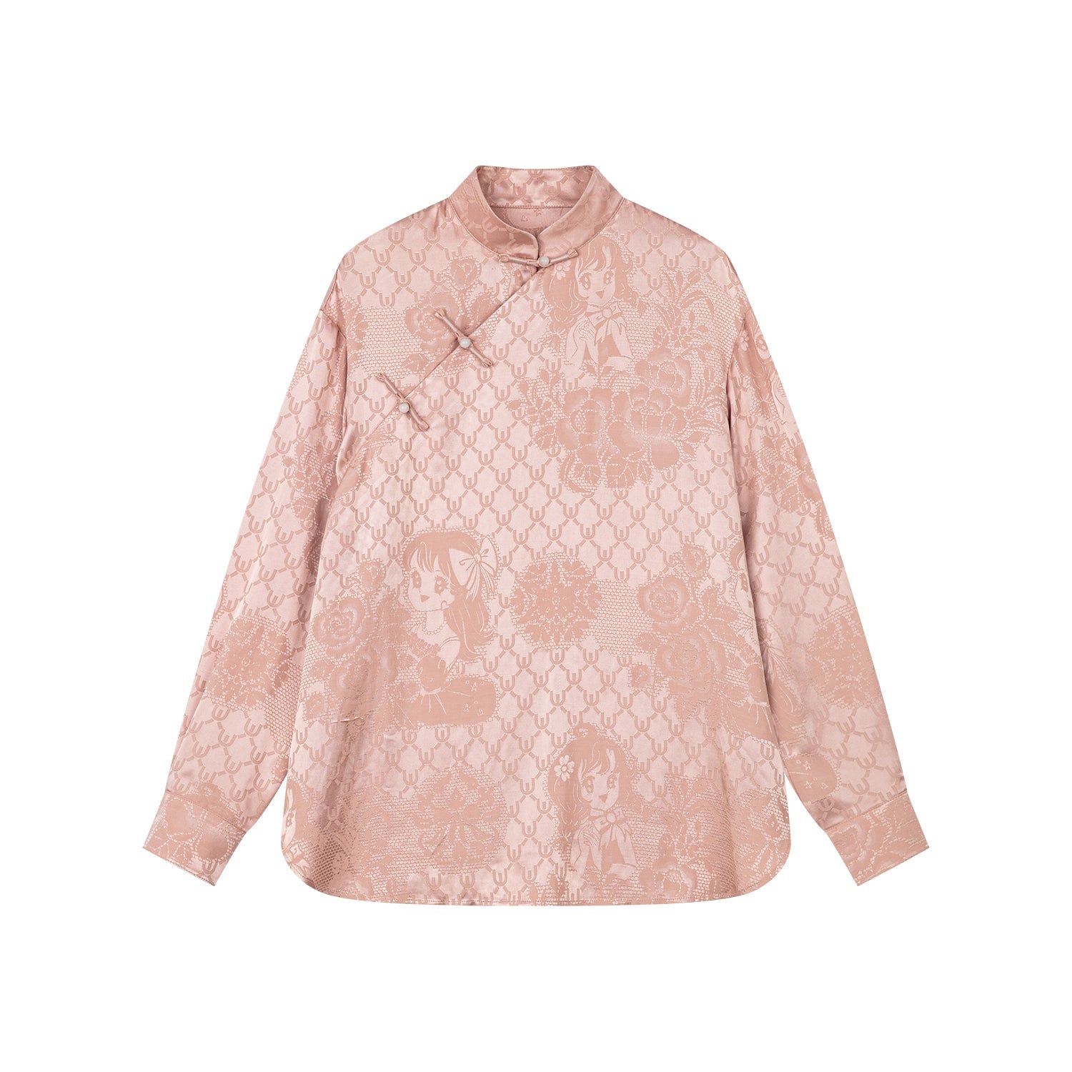 Vintage anime girl satin jacquard asymmetrical placket mandarin collar shirt
