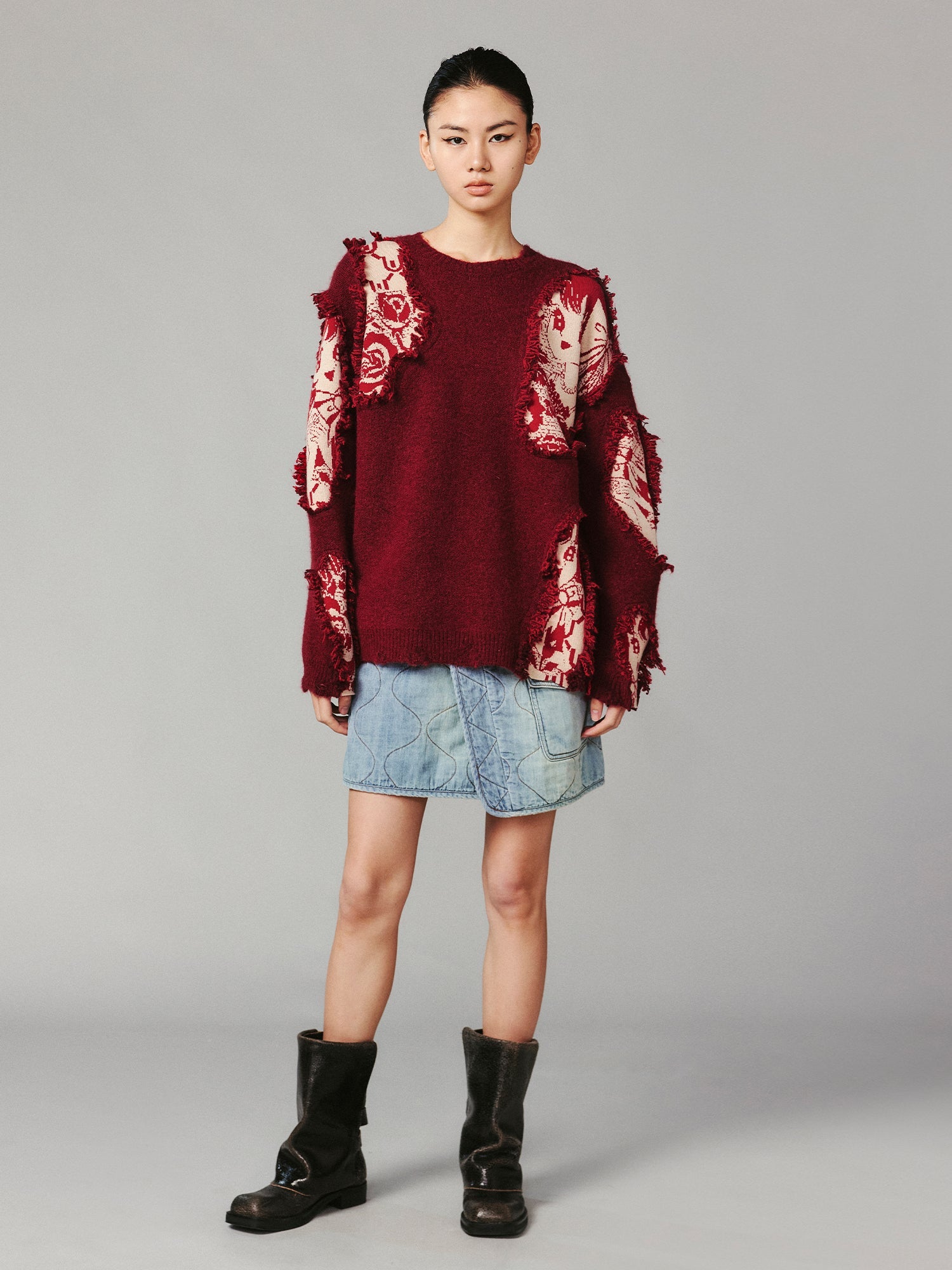 Playful New Year print anime girl pullover sweater with distressed and patched details