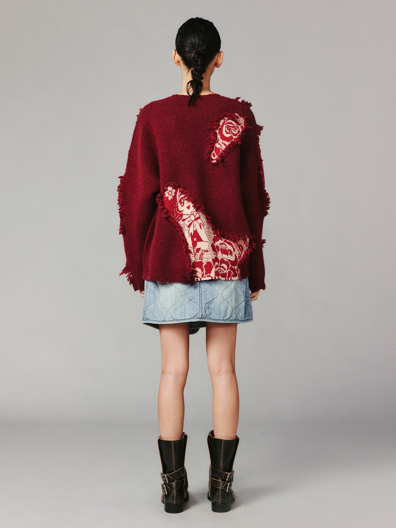 Playful New Year print anime girl pullover sweater with distressed and patched details