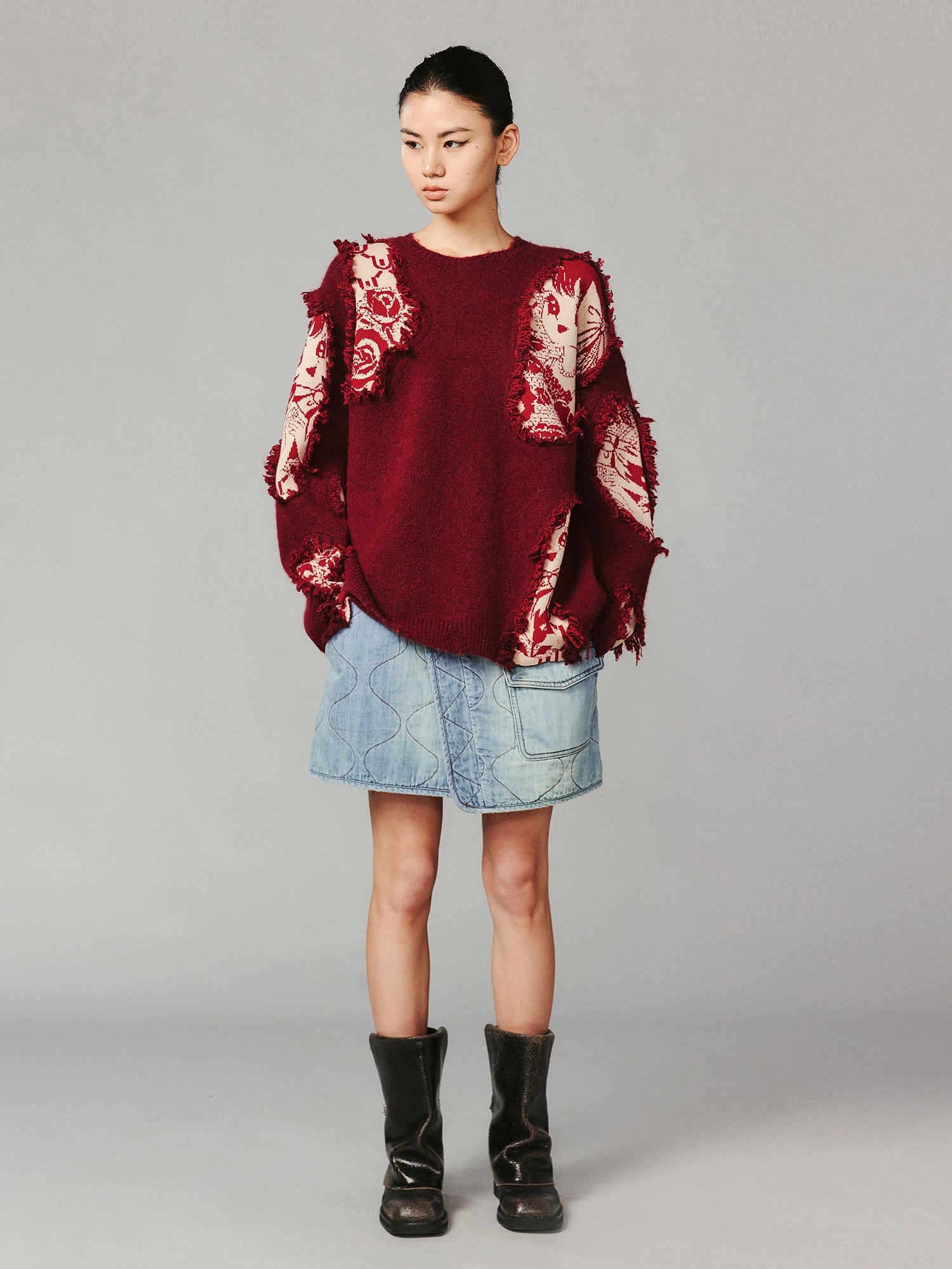 Playful New Year print anime girl pullover sweater with distressed and patched details