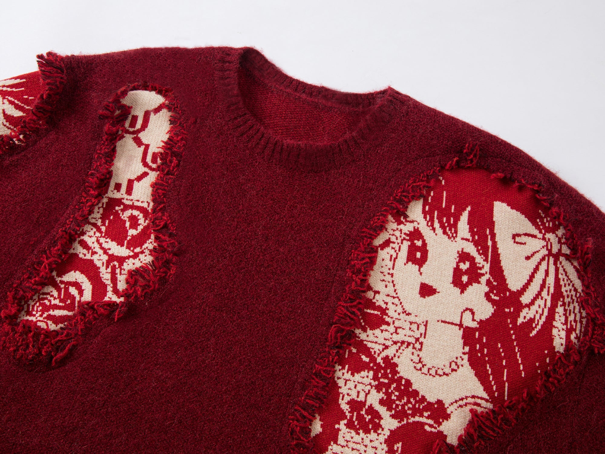Playful New Year print anime girl pullover sweater with distressed and patched details