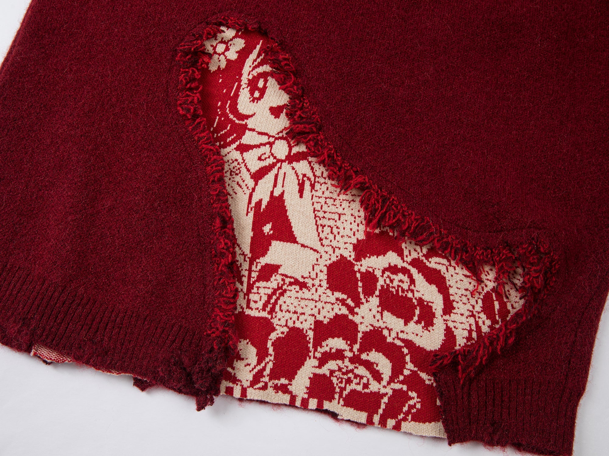 Playful New Year print anime girl pullover sweater with distressed and patched details