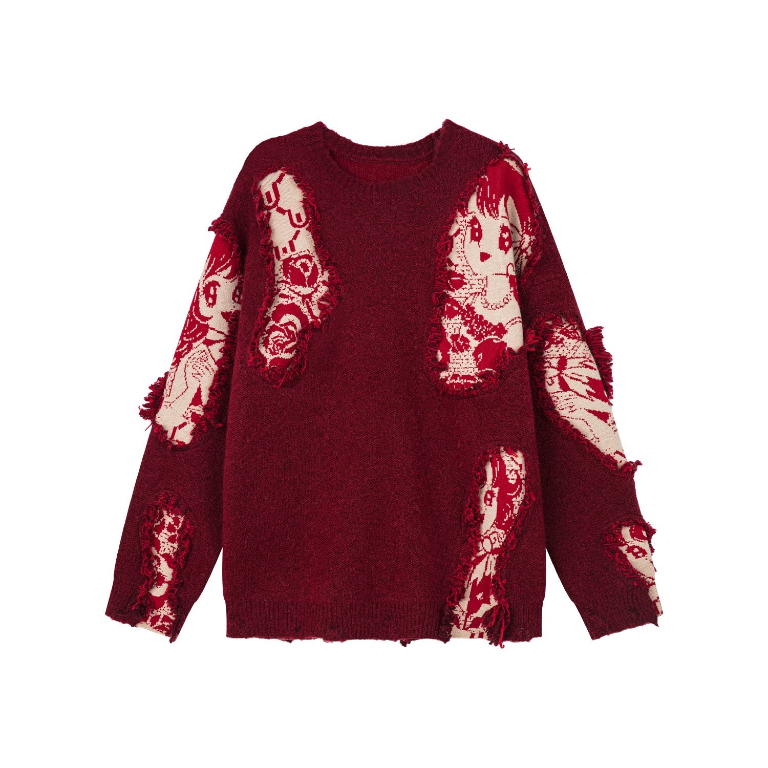 Playful New Year print anime girl pullover sweater with distressed and patched details