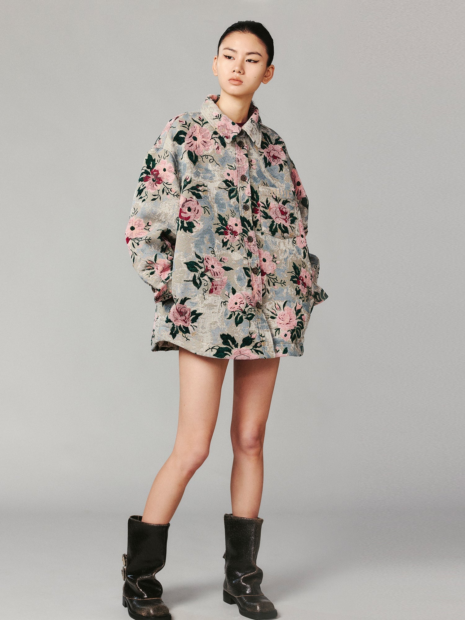 Vintage romantic wallpaper floral shirt-style woven blanket jacket