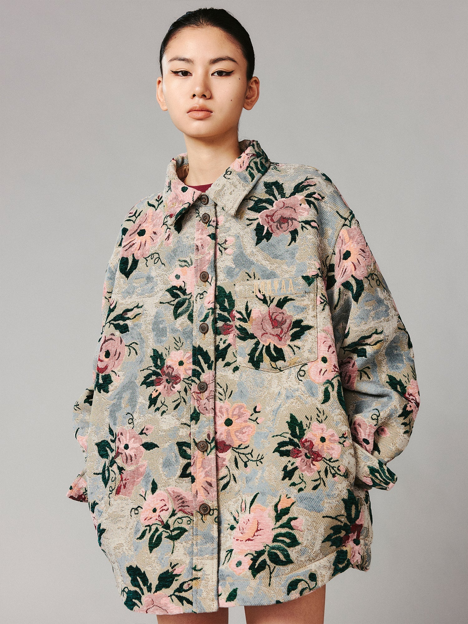 Vintage romantic wallpaper floral shirt-style woven blanket jacket