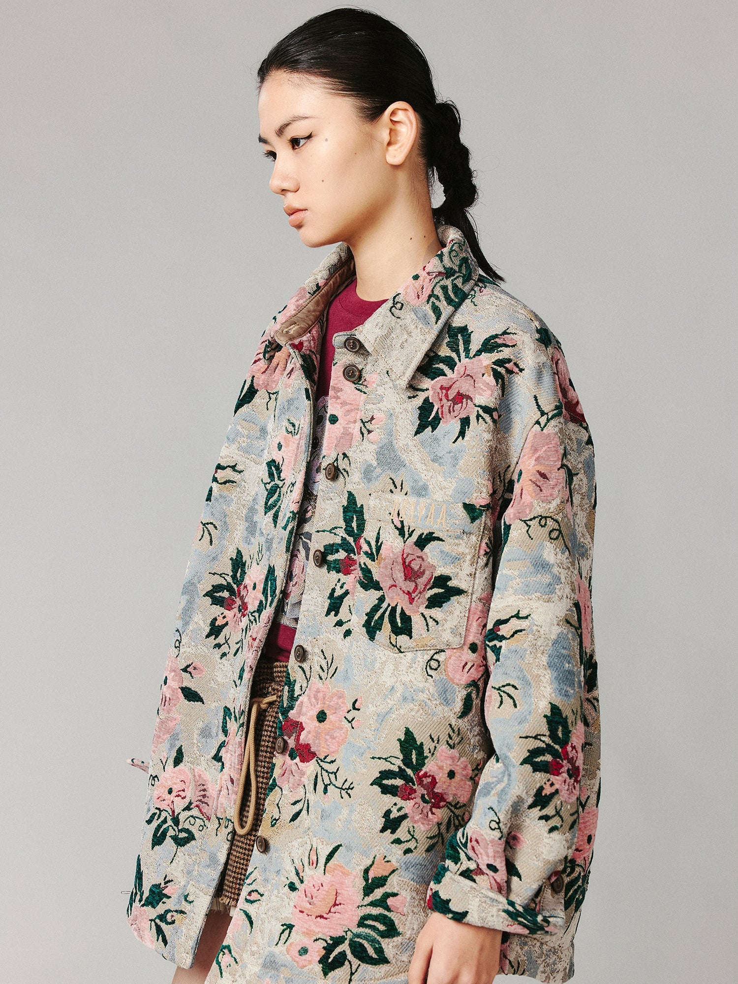 Vintage romantic wallpaper floral shirt-style woven blanket jacket
