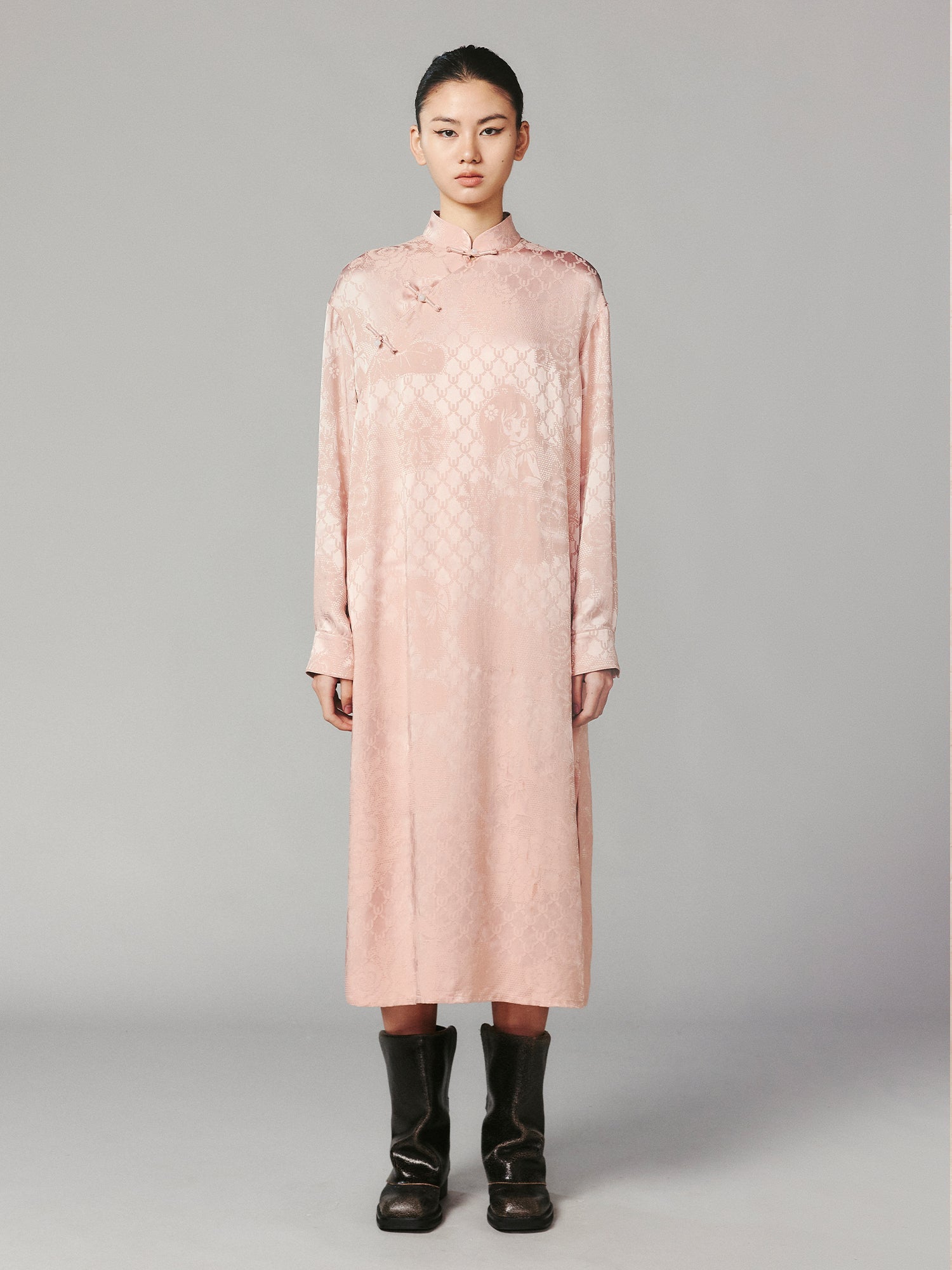 Vintage anime girl satin jacquard asymmetrical placket mandarin collar dress