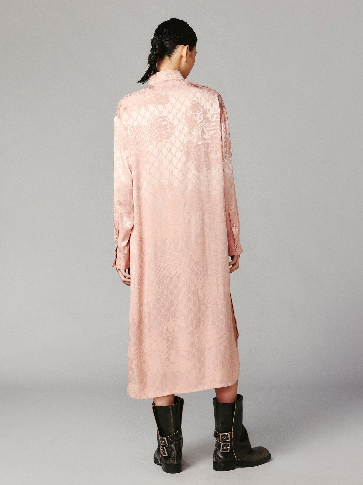 Vintage anime girl satin jacquard asymmetrical placket mandarin collar dress