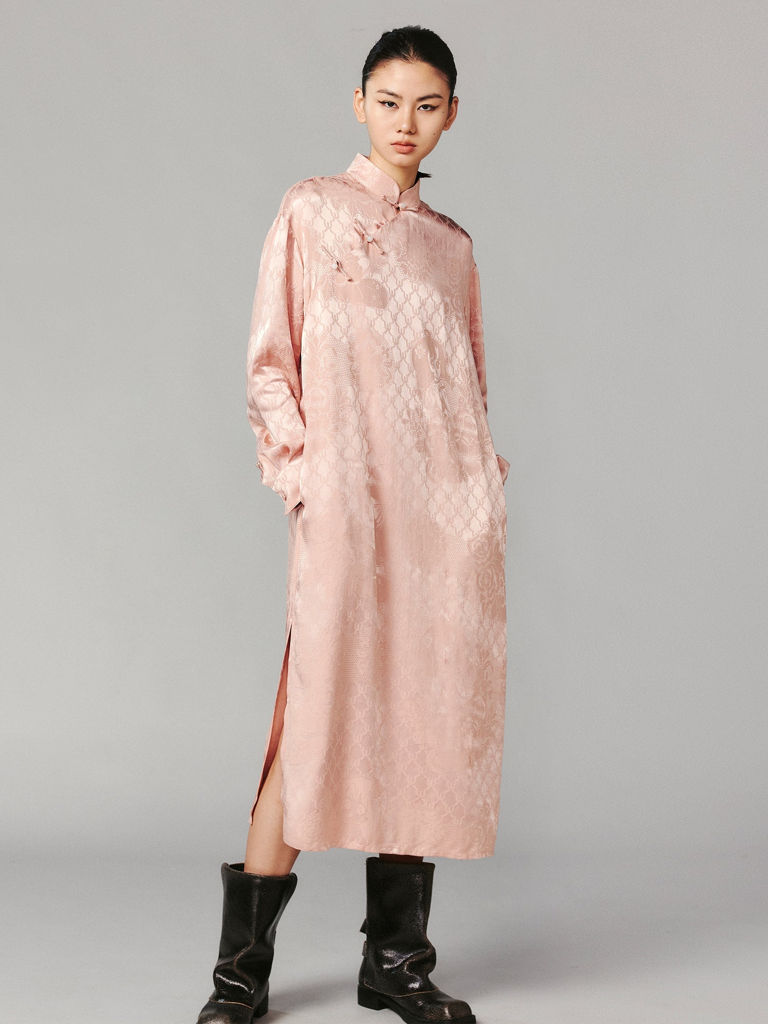 Vintage anime girl satin jacquard asymmetrical placket mandarin collar dress