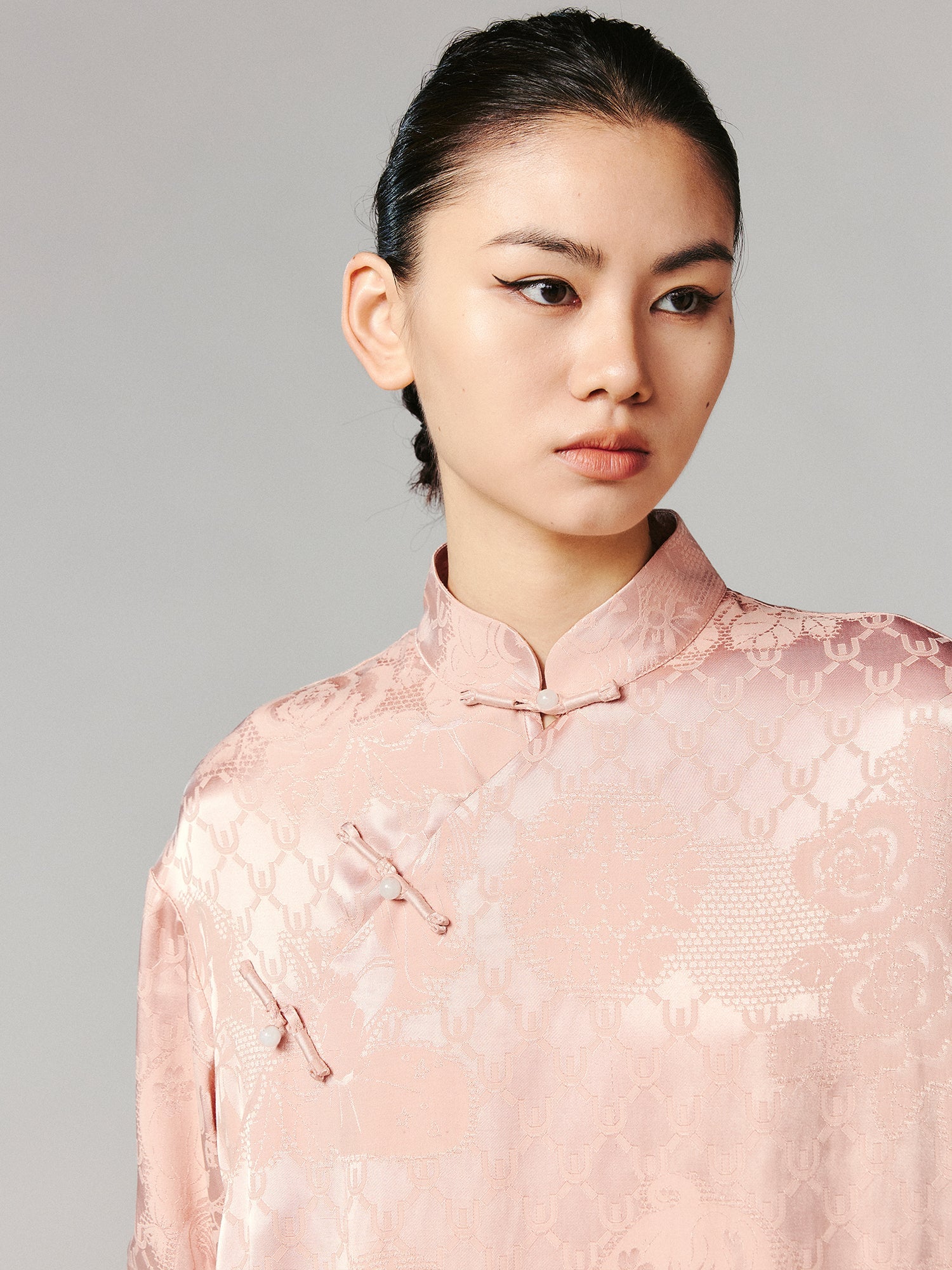 Vintage anime girl satin jacquard asymmetrical placket mandarin collar dress