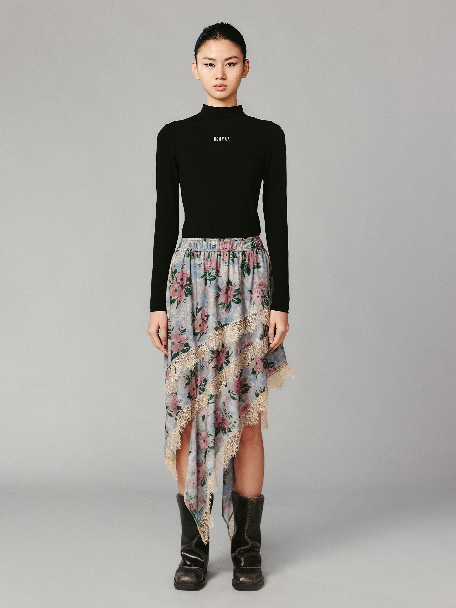 Vintage romantic wallpaper floral asymmetric velvet cake skirt