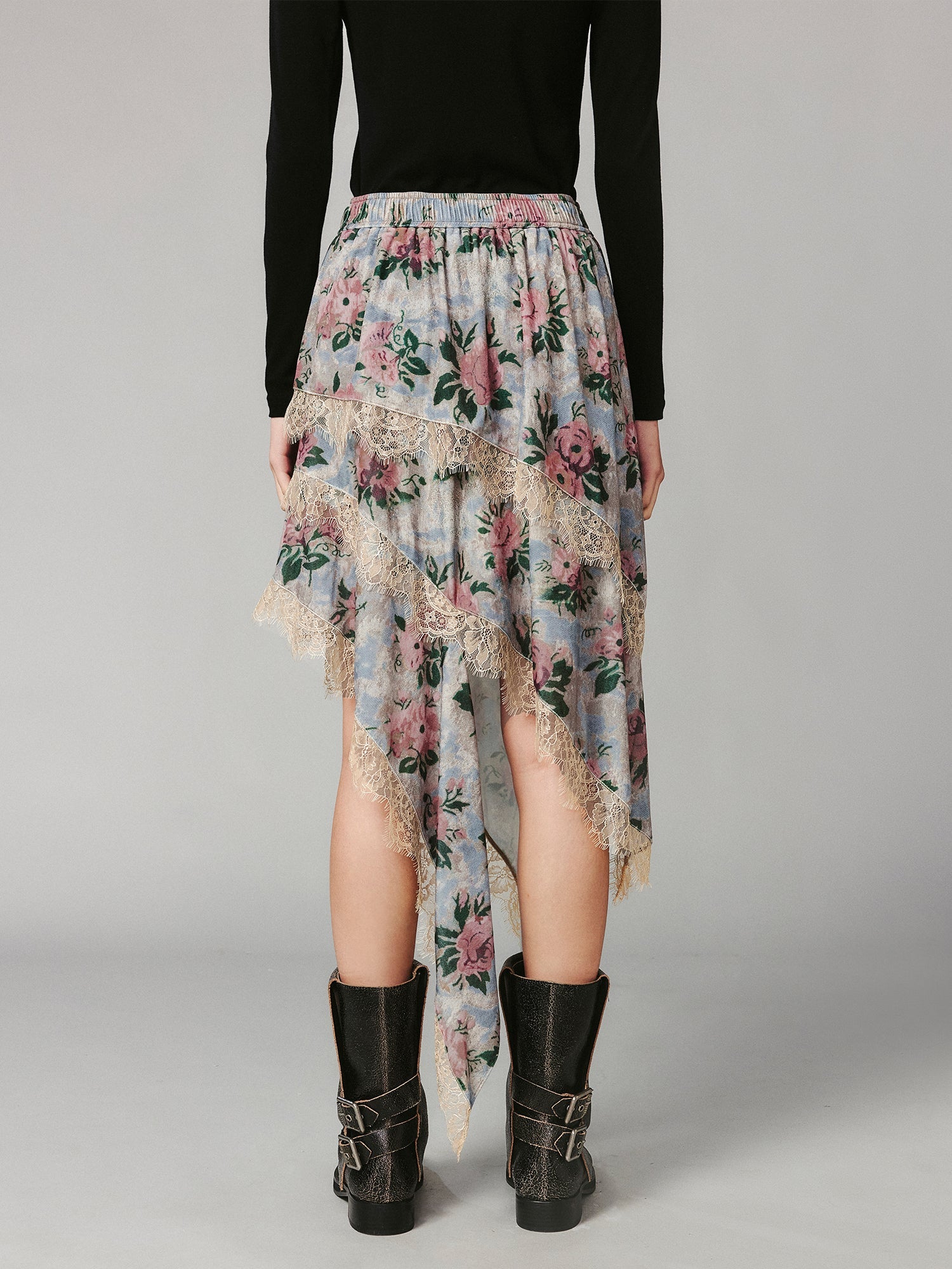 Vintage romantic wallpaper floral asymmetric velvet cake skirt