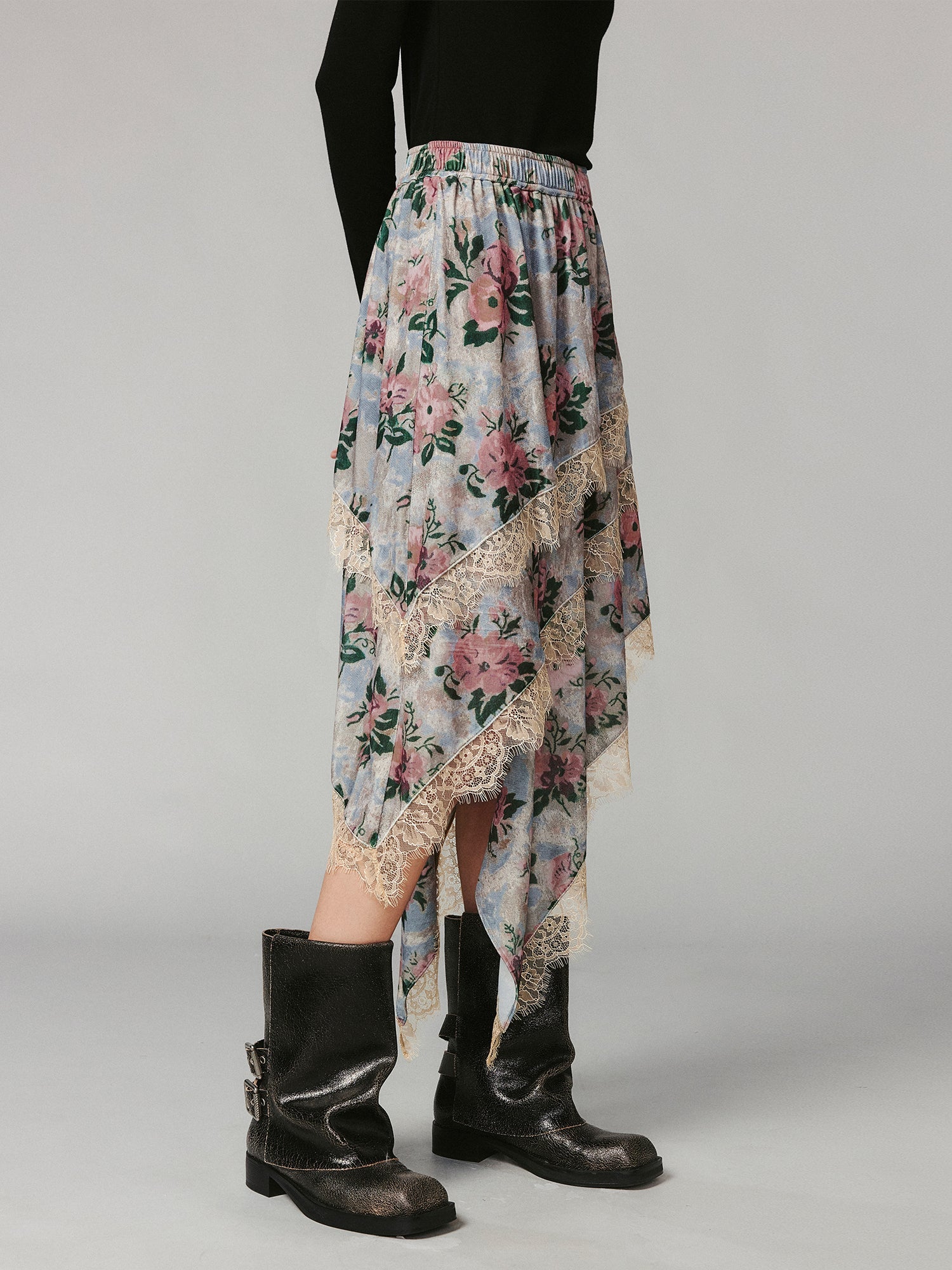 Vintage romantic wallpaper floral asymmetric velvet cake skirt