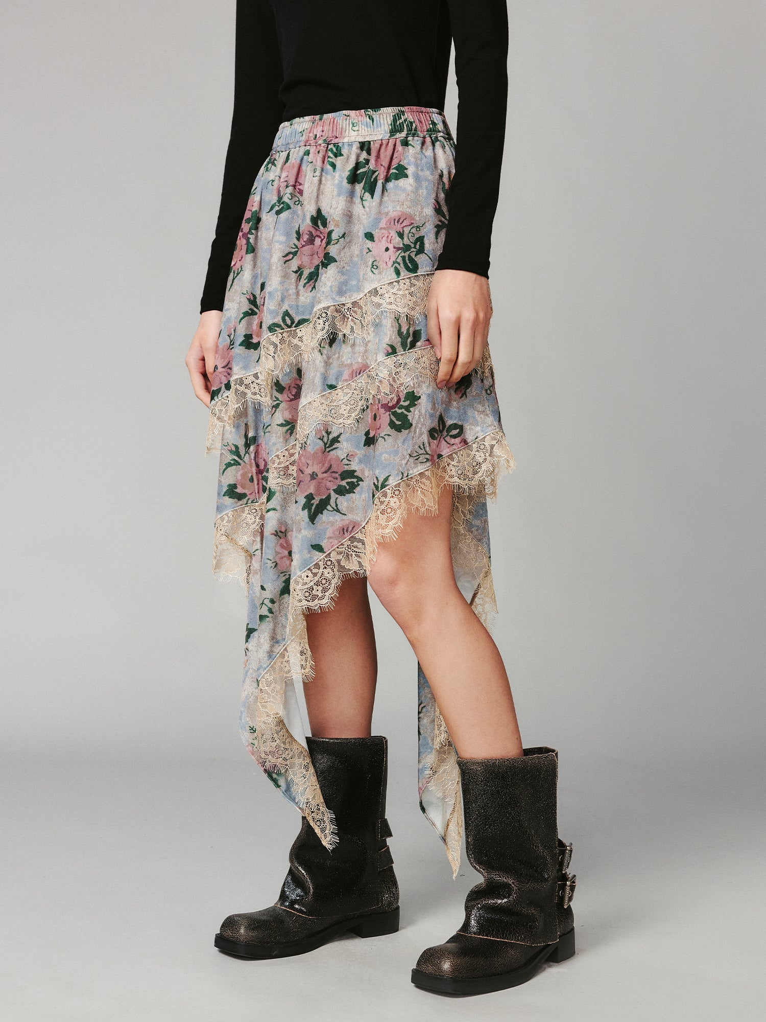 Vintage romantic wallpaper floral asymmetric velvet cake skirt