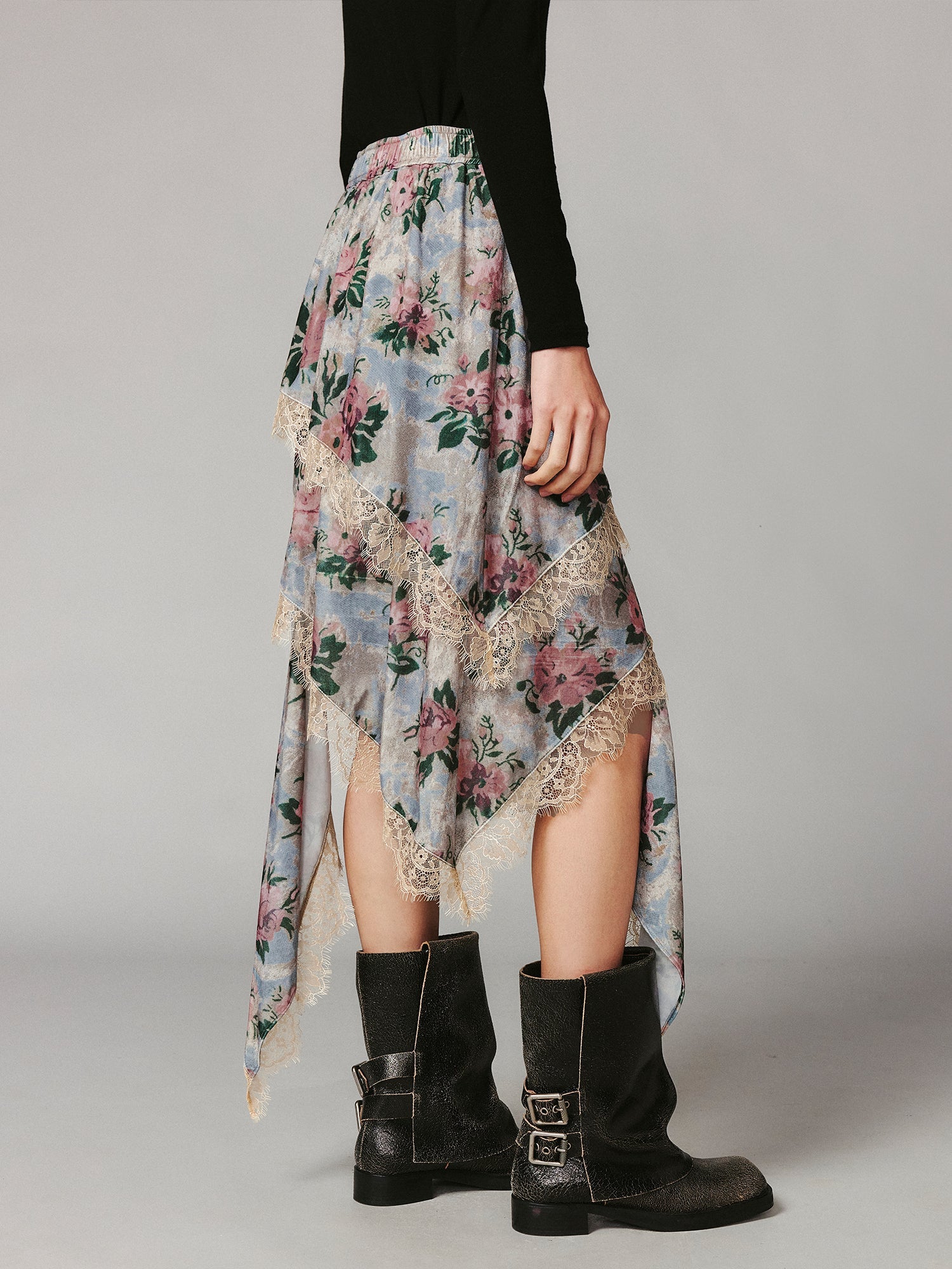 Vintage romantic wallpaper floral asymmetric velvet cake skirt