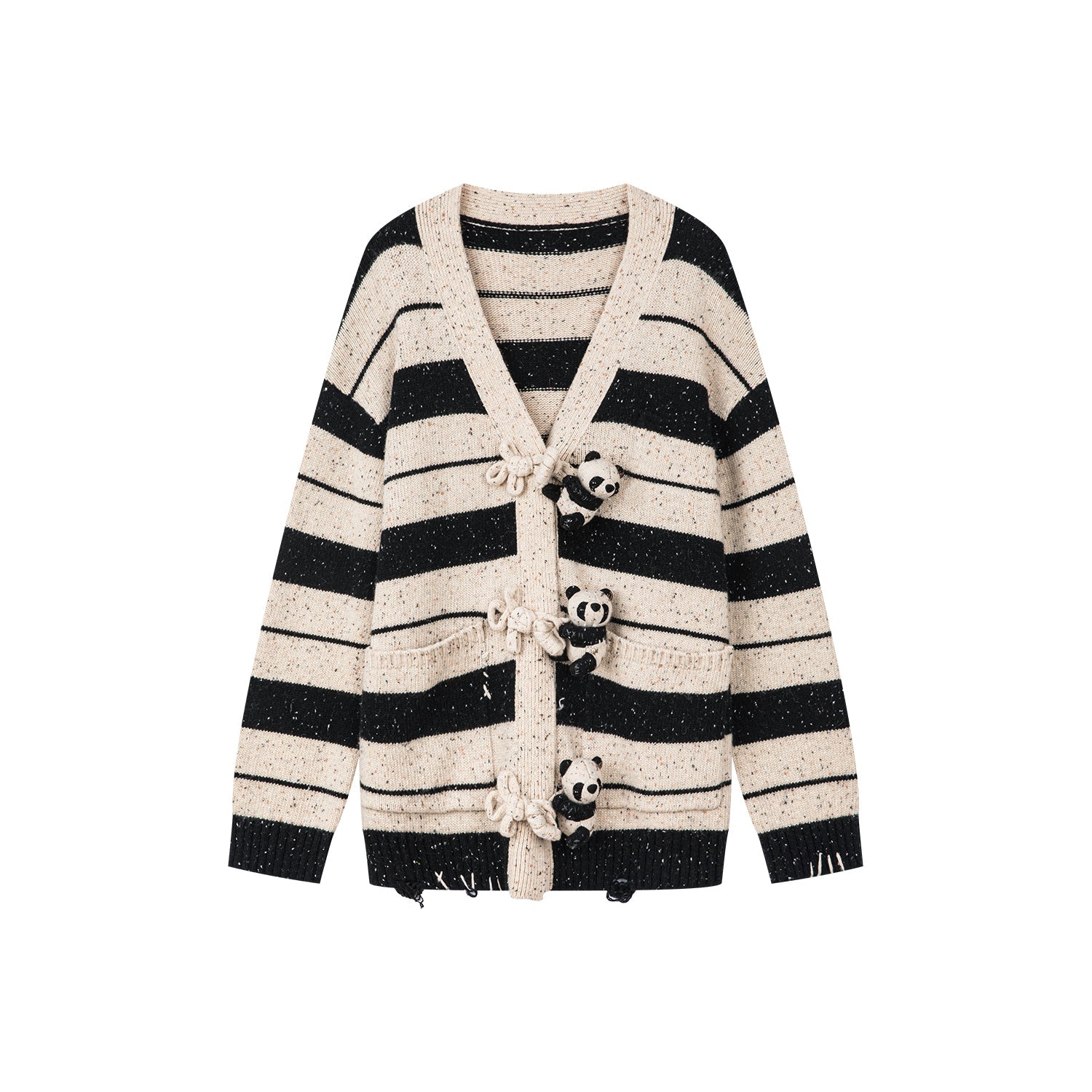 Vintage stripe hugging panda V-neck wool cardigan