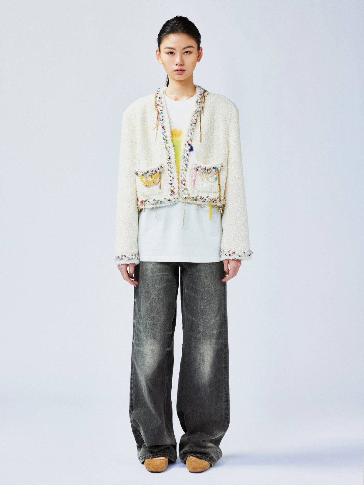 Playful and fun rhinestone chain cropped Chanel-inspired jacket