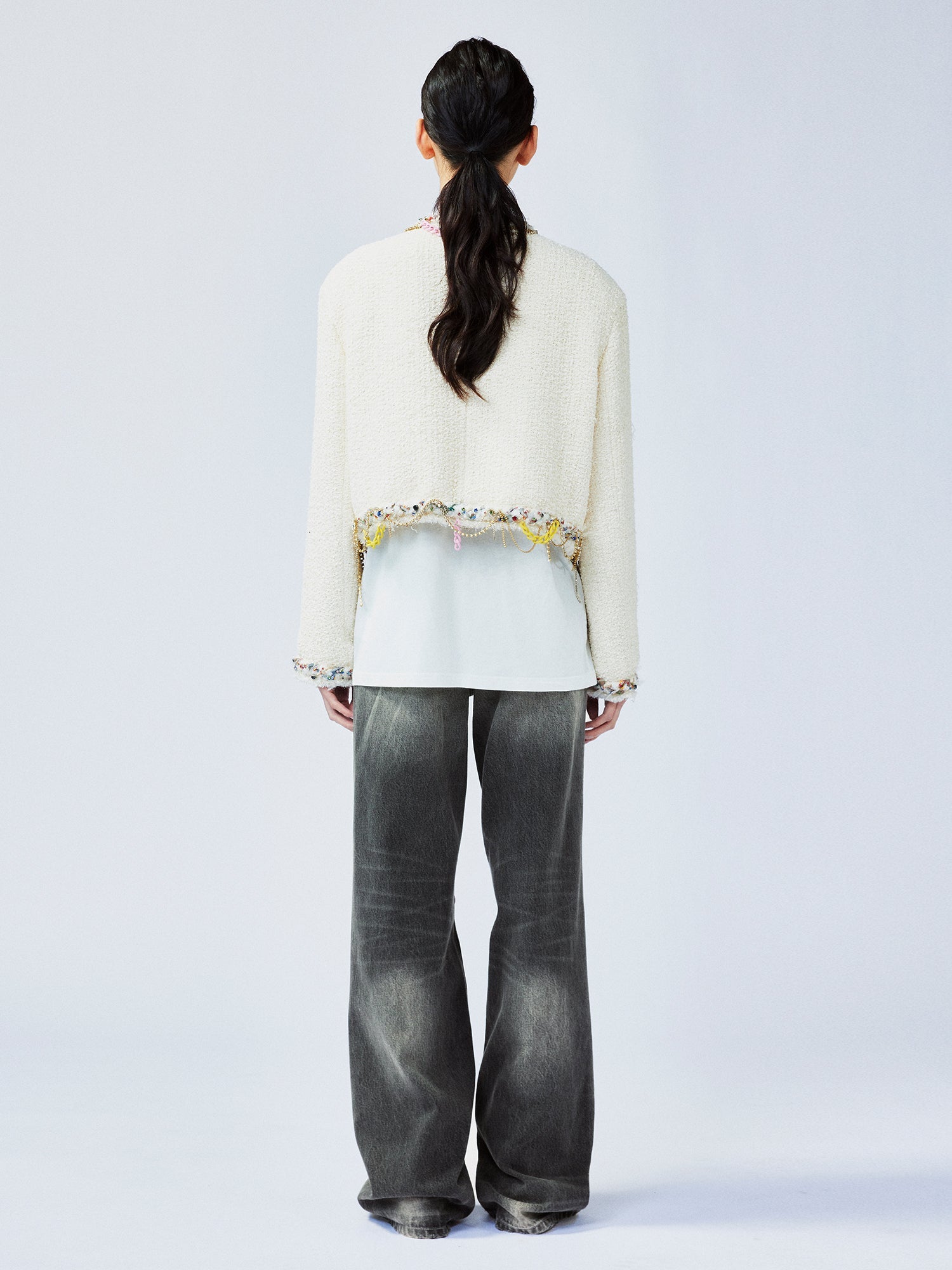 Playful and fun rhinestone chain cropped Chanel-inspired jacket