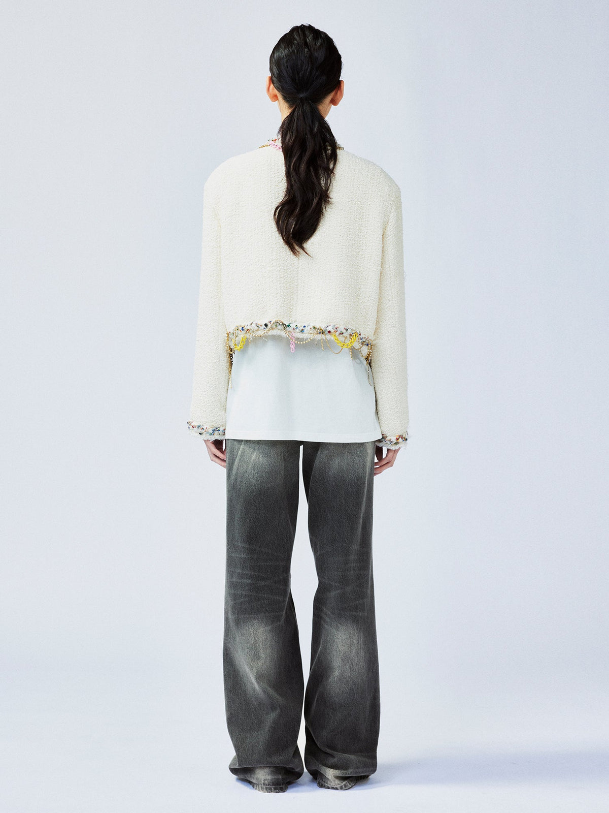 Playful and fun rhinestone chain cropped Chanel-inspired jacket