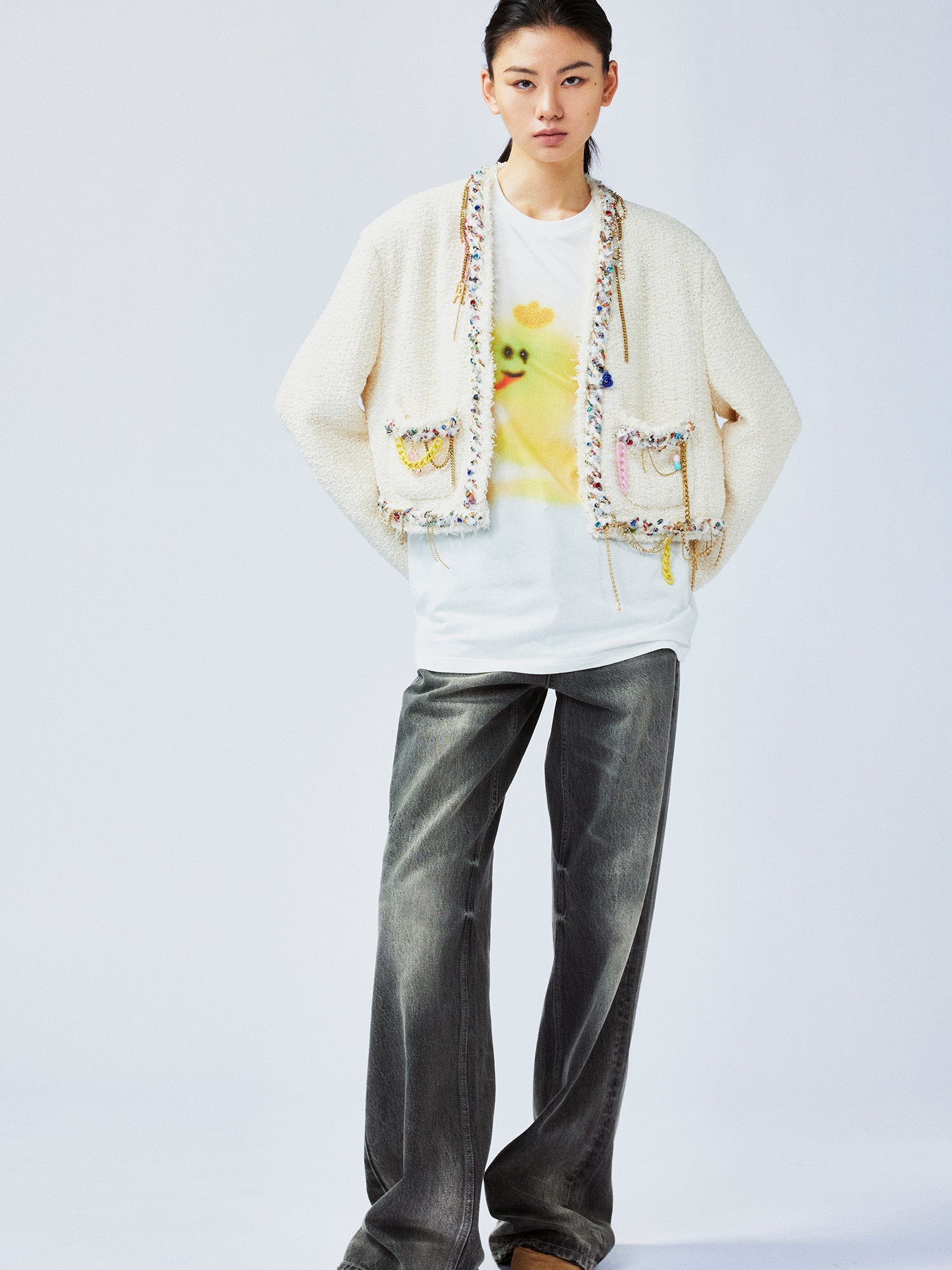 Playful and fun rhinestone chain cropped Chanel-inspired jacket