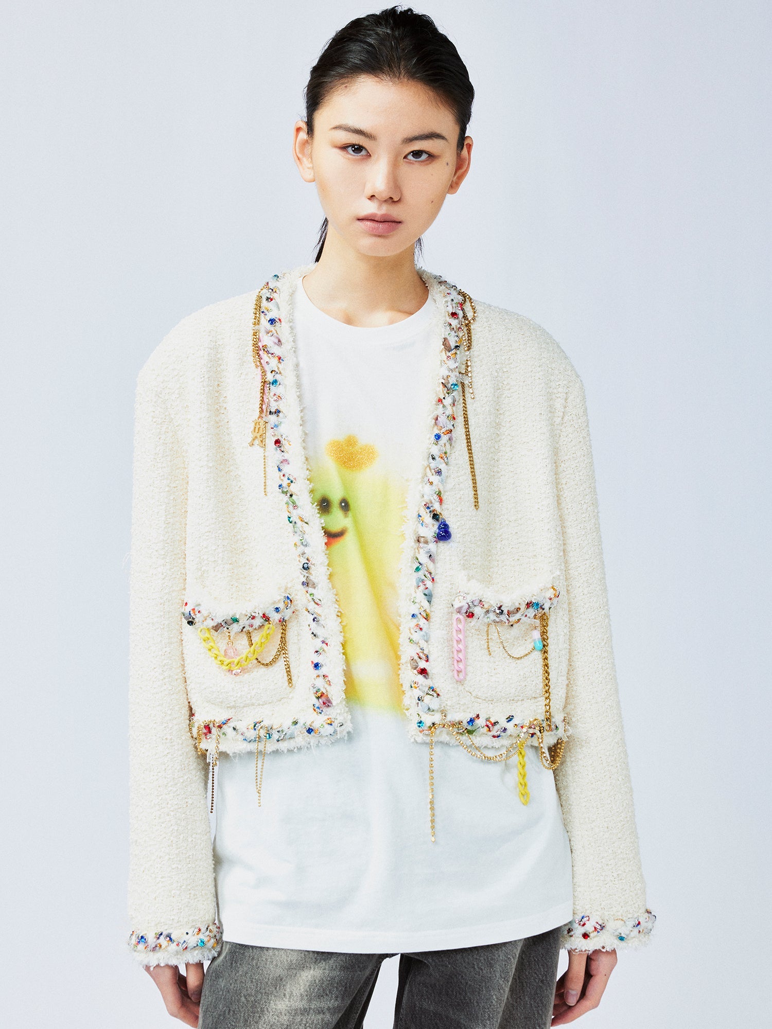 Playful and fun rhinestone chain cropped Chanel-inspired jacket