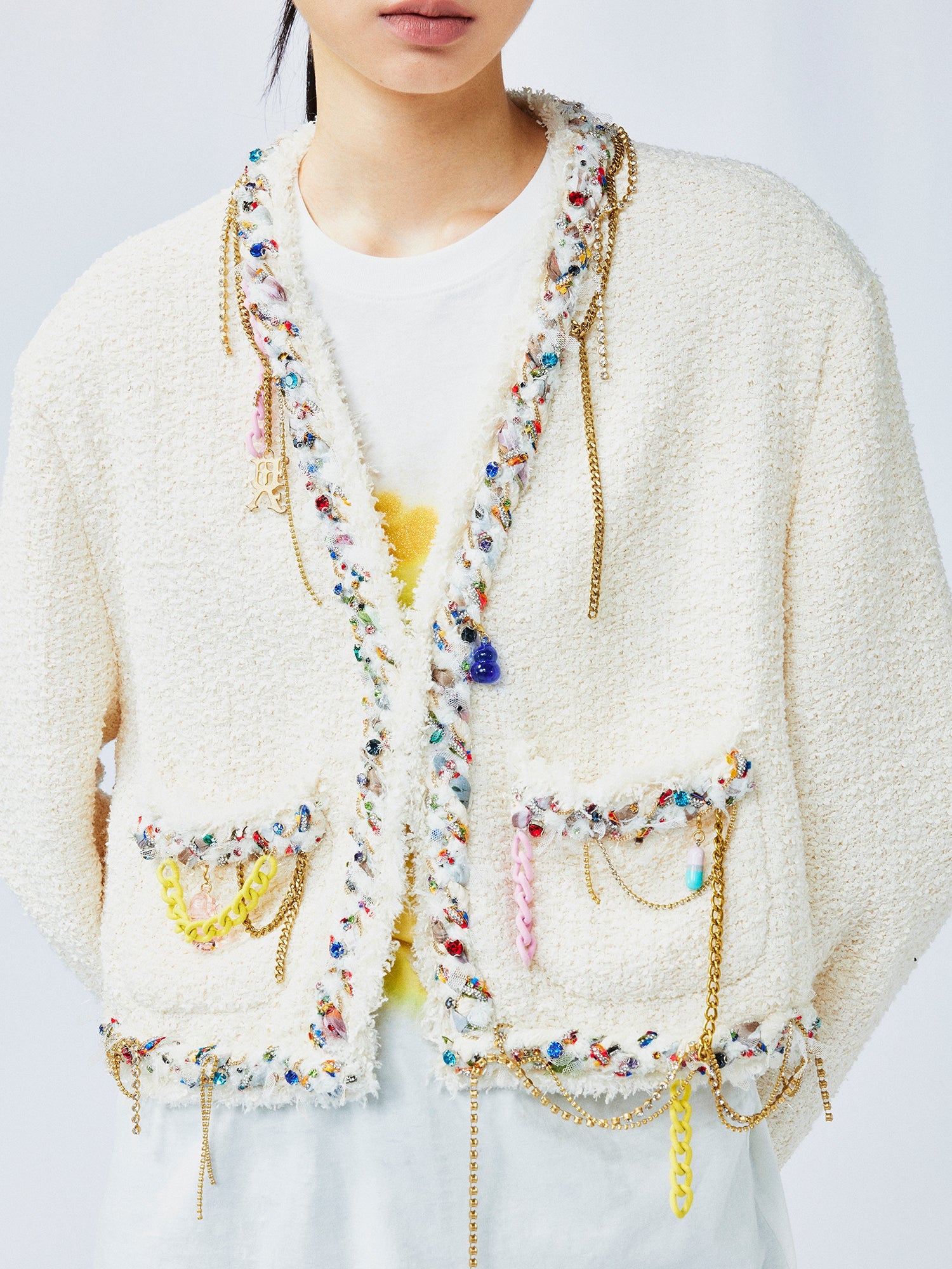 Playful and fun rhinestone chain cropped Chanel-inspired jacket