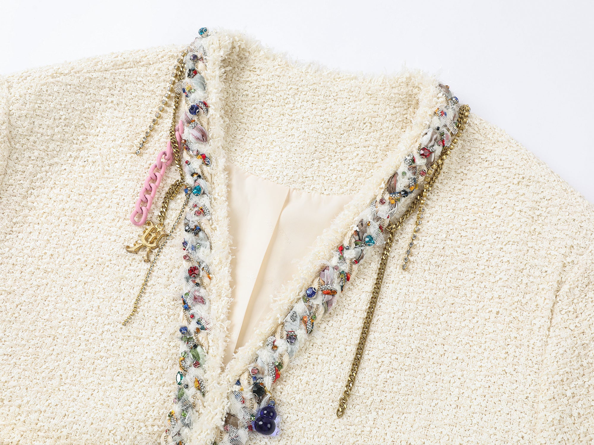 Playful and fun rhinestone chain cropped Chanel-inspired jacket