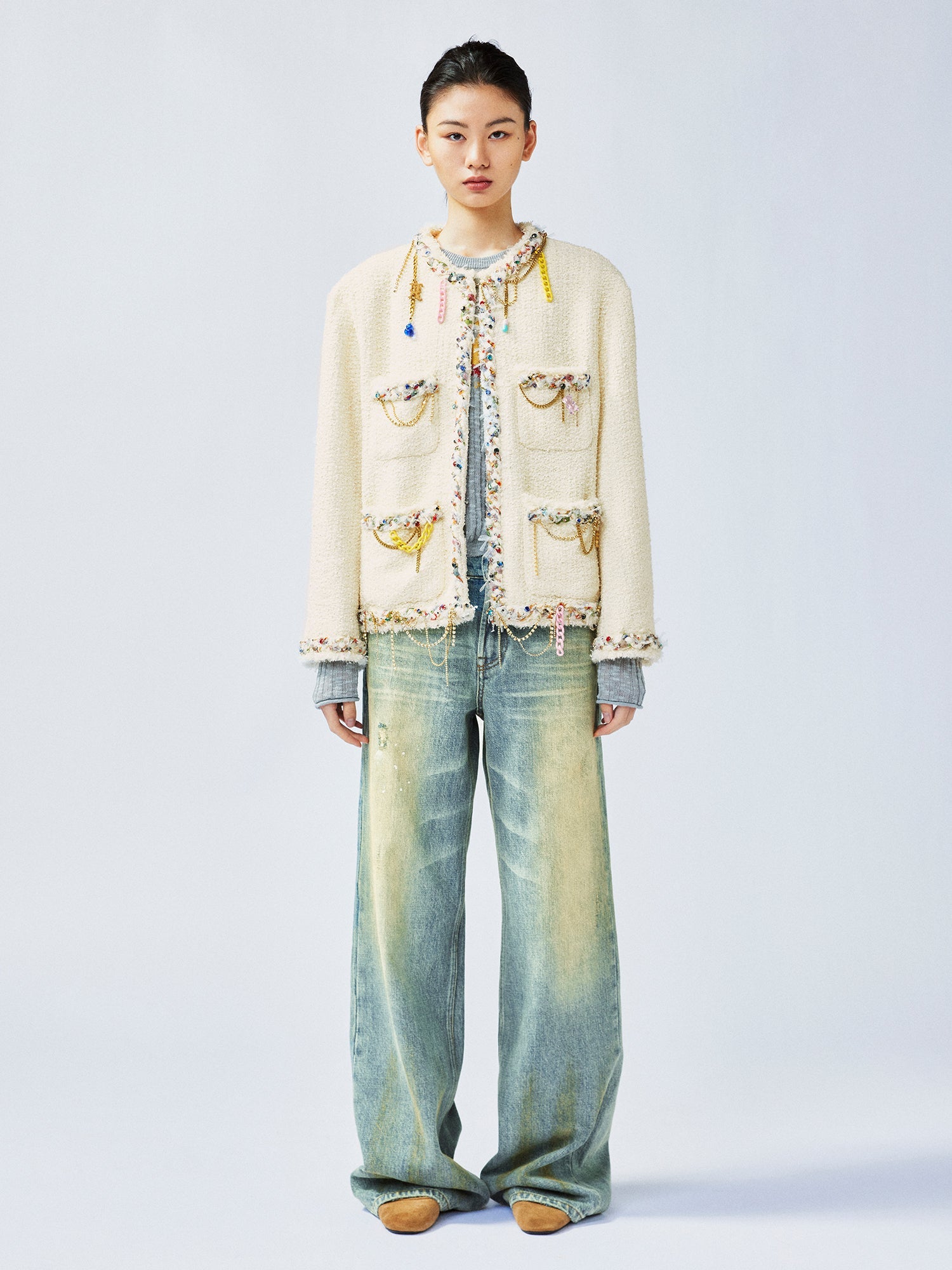 Playful and fun rhinestone chain Chanel-inspired jacket