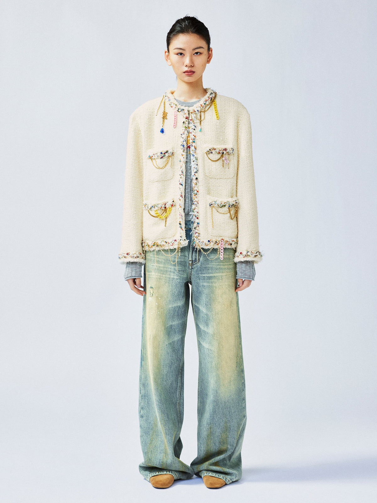 Playful and fun rhinestone chain Chanel-inspired jacket