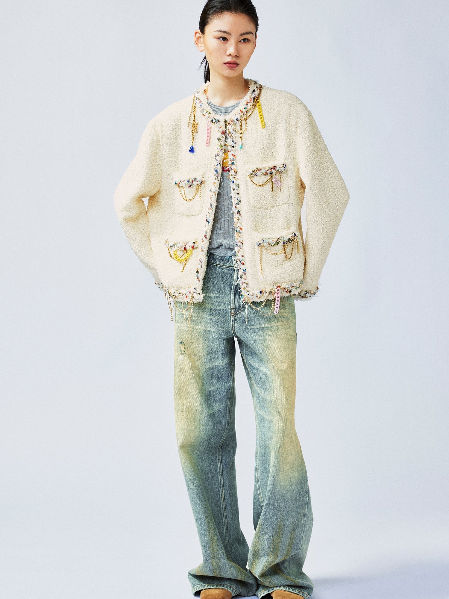 Playful and fun rhinestone chain Chanel-inspired jacket