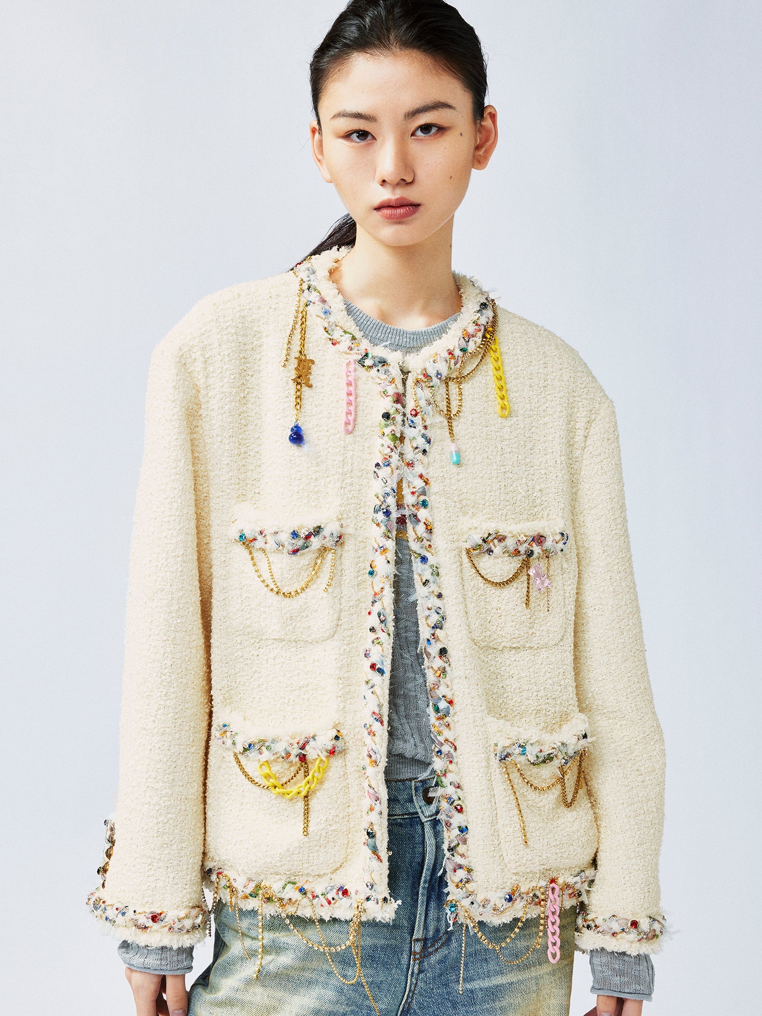 Playful and fun rhinestone chain Chanel-inspired jacket