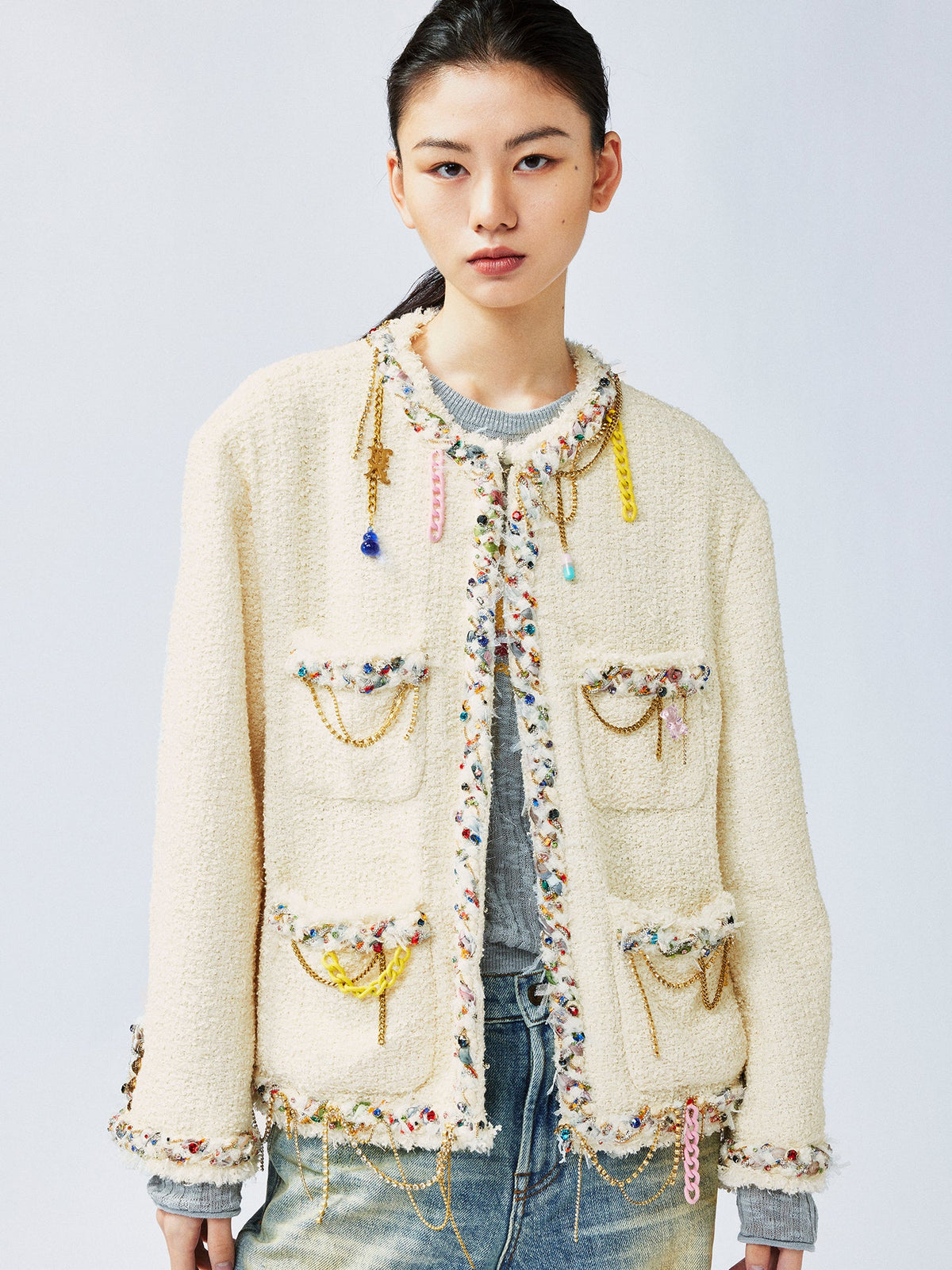 Playful and fun rhinestone chain Chanel-inspired jacket