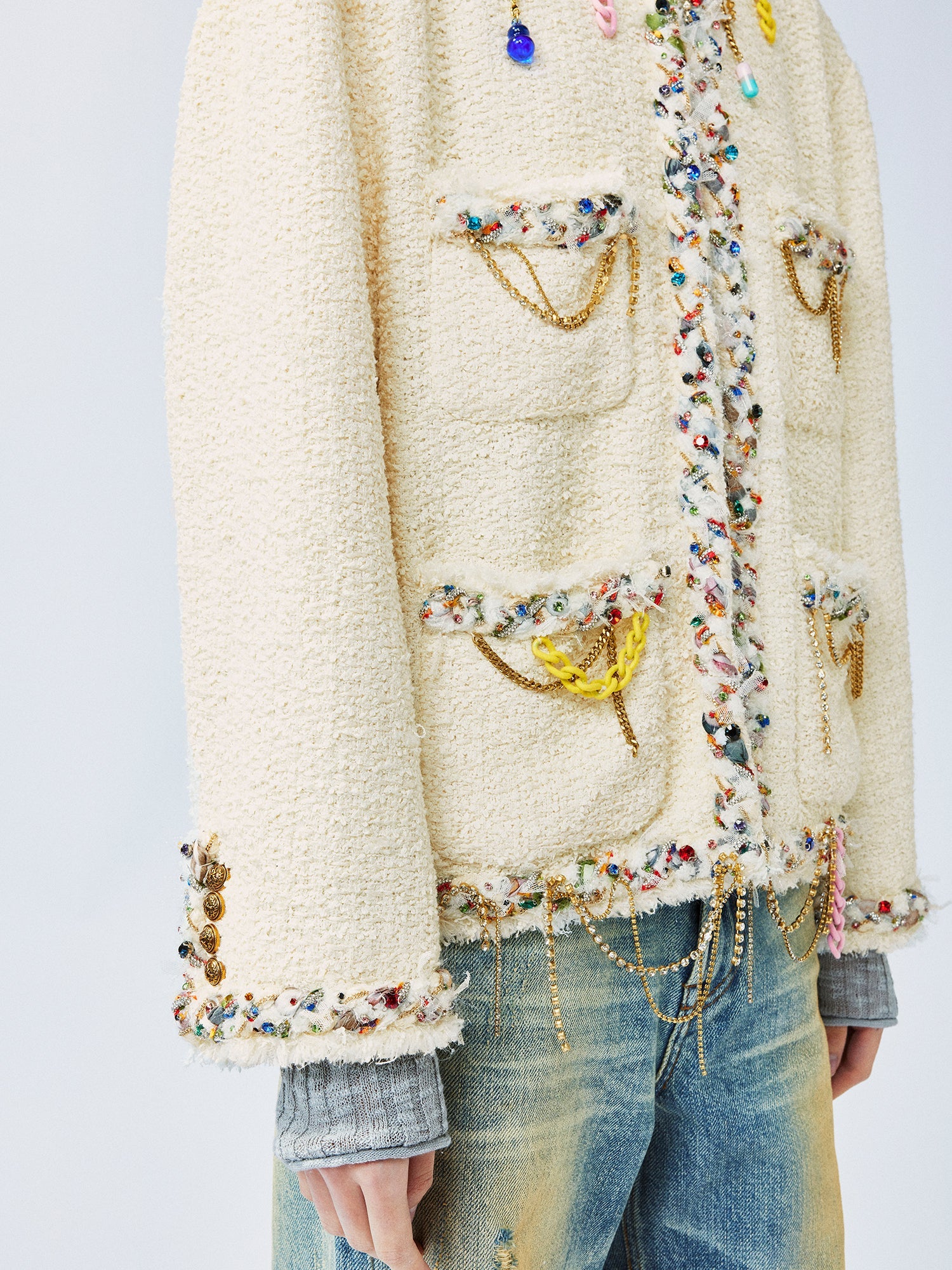 Playful and fun rhinestone chain Chanel-inspired jacket