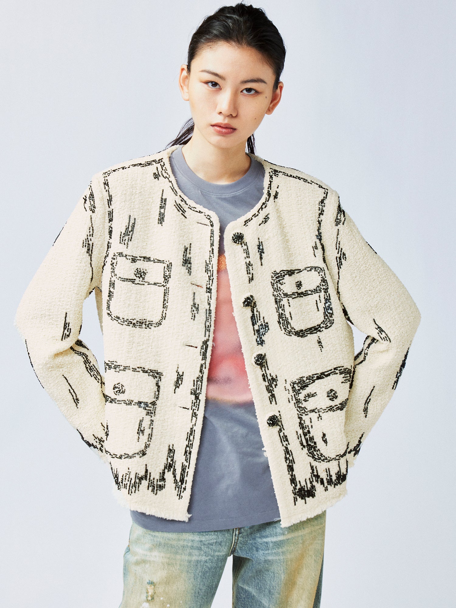 Hand-painted style beaded embellished Chanel-inspired jacket