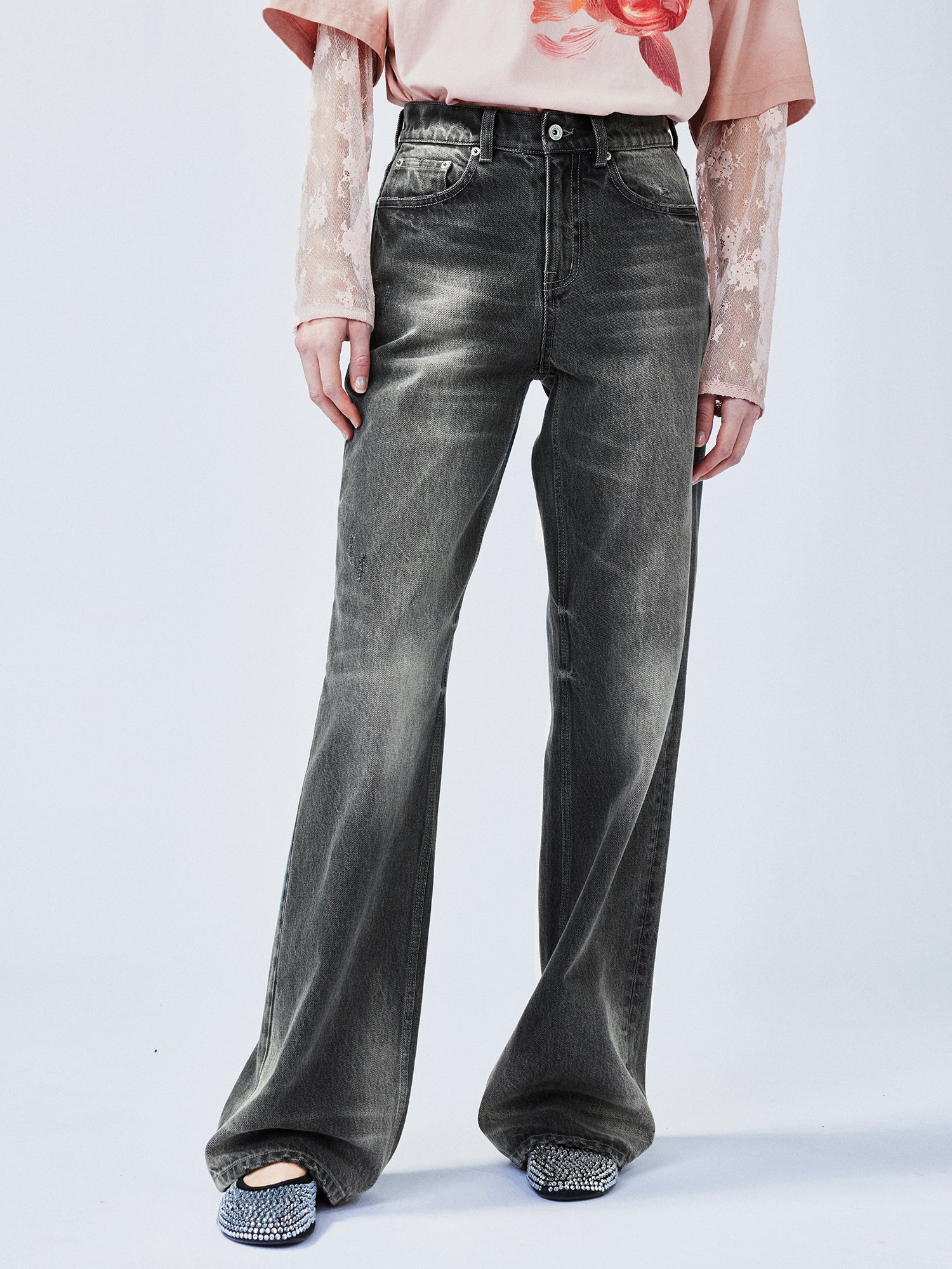 Black washed straight-leg jeans