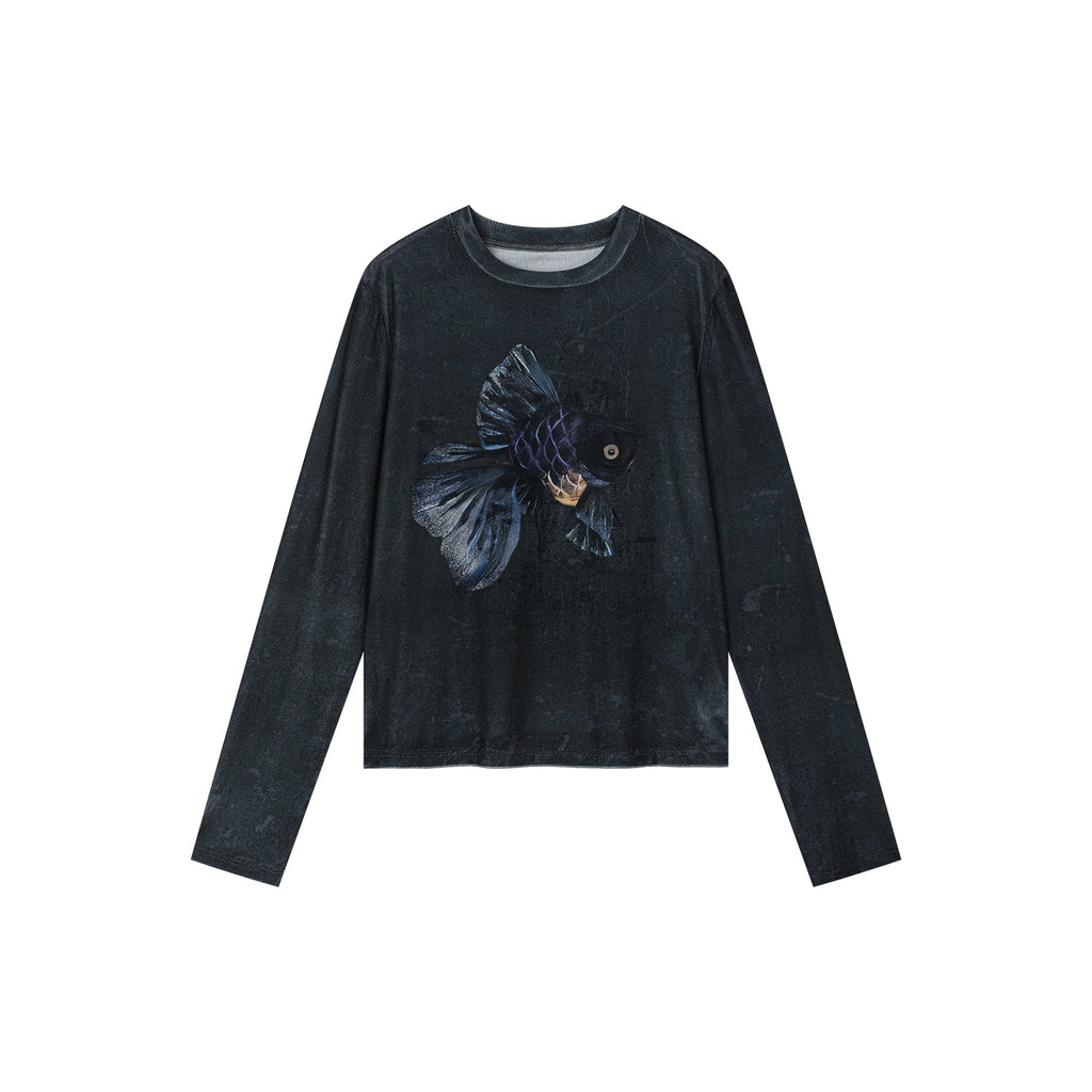 "Sweet and elegant" surreal goldfish velvet long-sleeve T-shirt