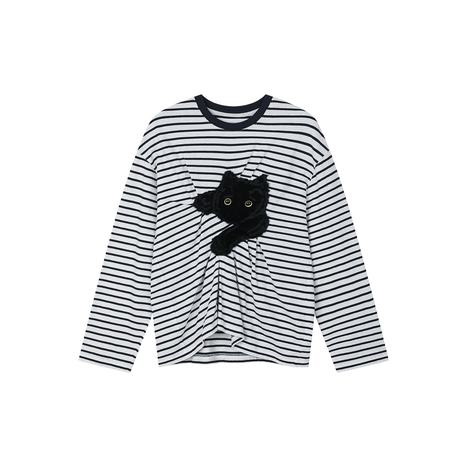 Playful cat scratching bedsheet striped T-shirt