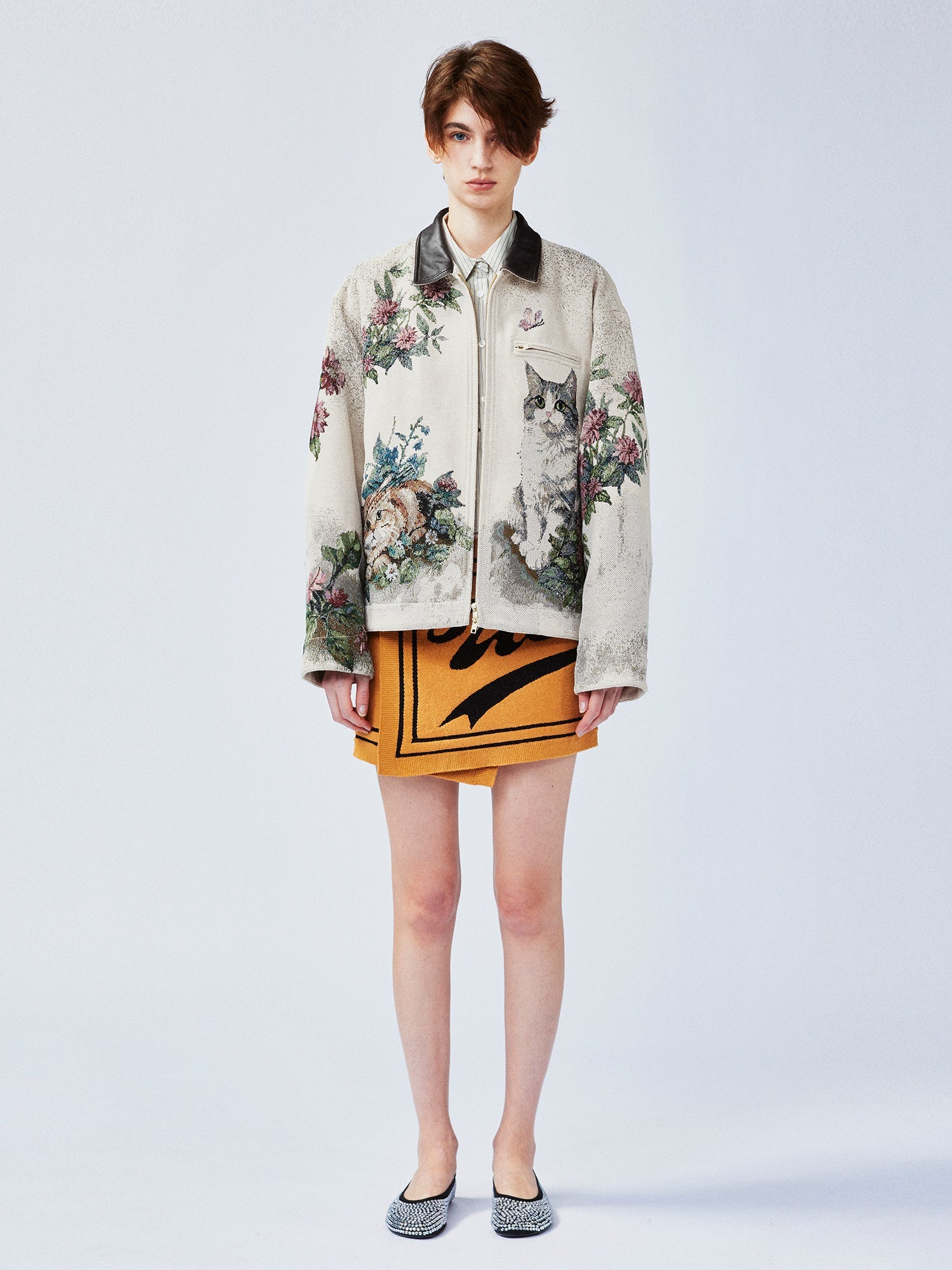 Charming and soothing garden cat pattern jacquard Detroit jacket