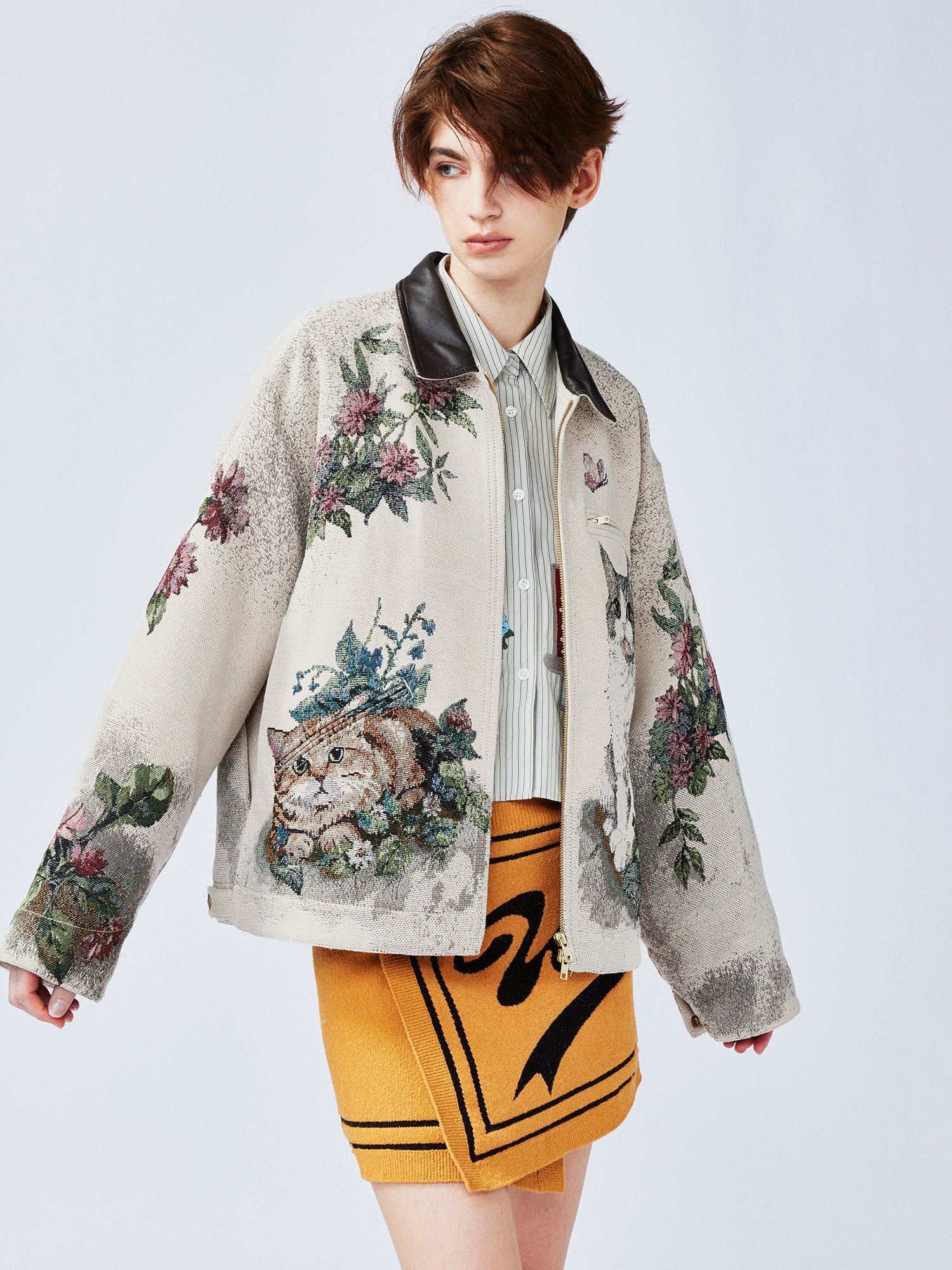 Charming and soothing garden cat pattern jacquard Detroit jacket