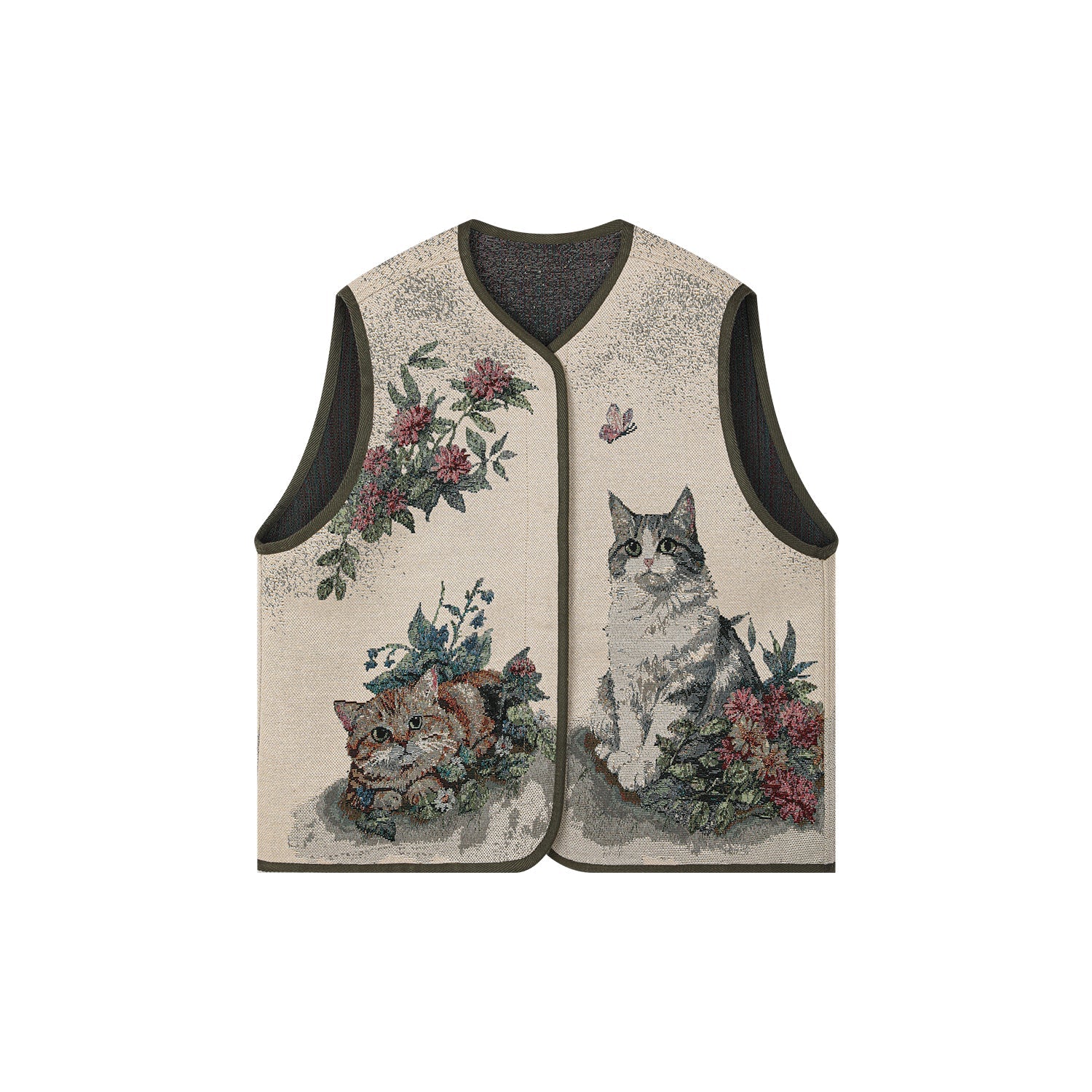 Charming and soothing garden cat pattern jacquard vest