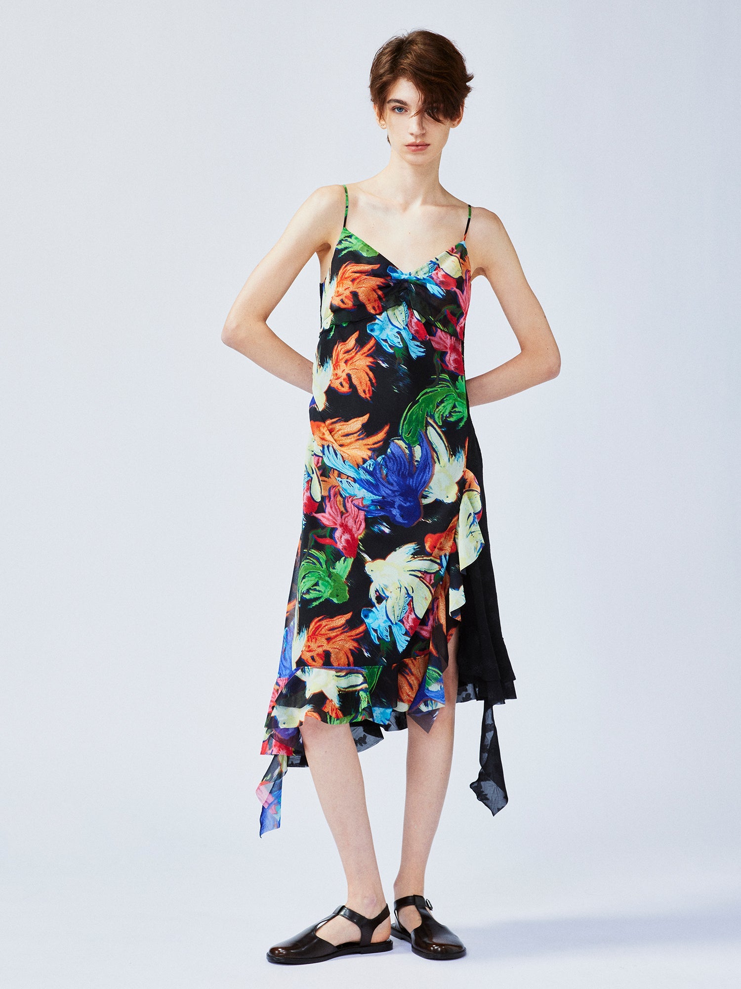 "Magical and enchanting" surreal electronic goldfish slip dress