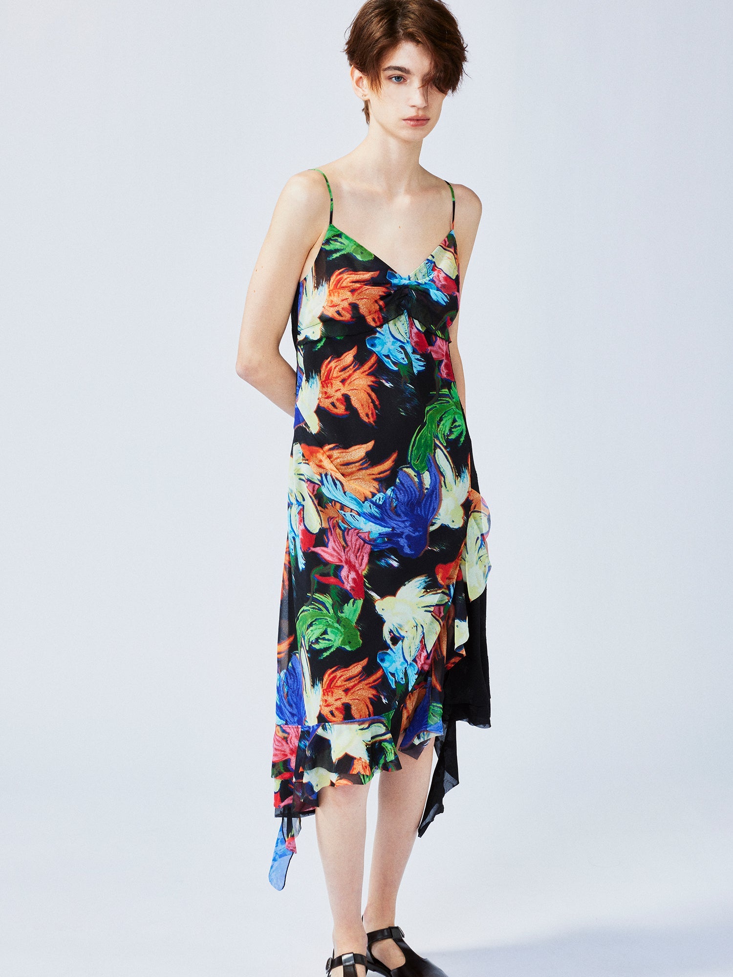 "Magical and enchanting" surreal electronic goldfish slip dress