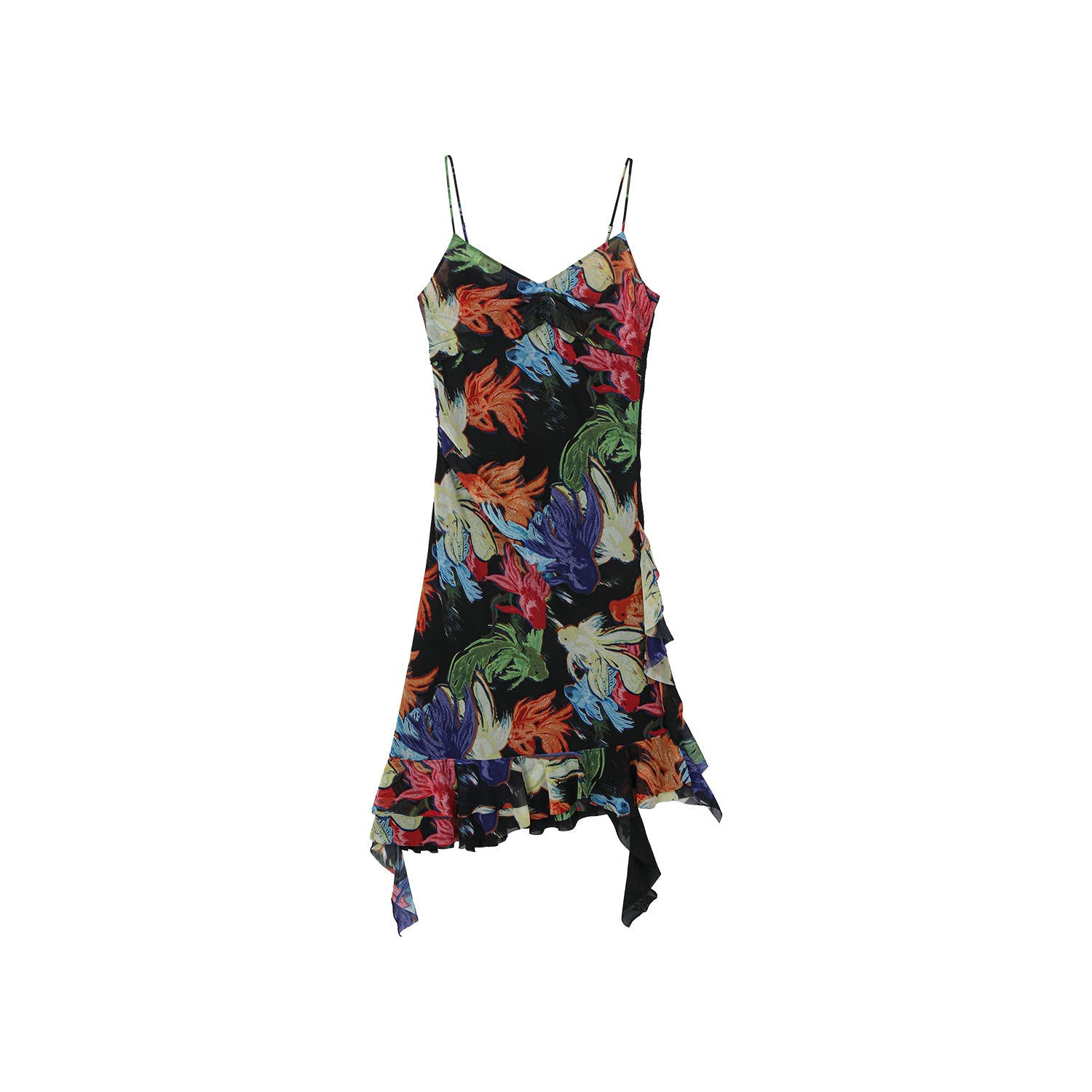 "Magical and enchanting" surreal electronic goldfish slip dress