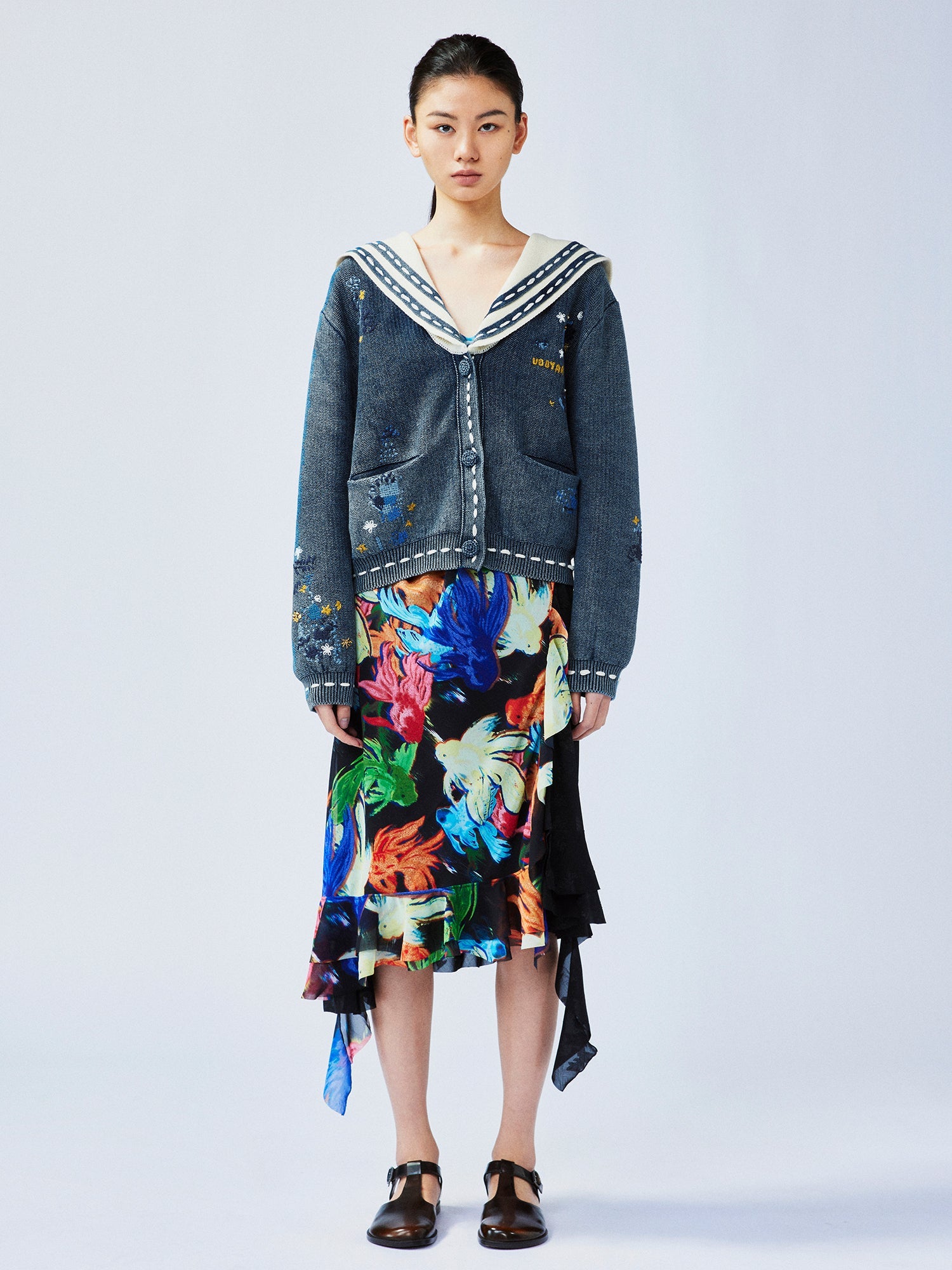 Floral patchwork distressed navy collar cardigan